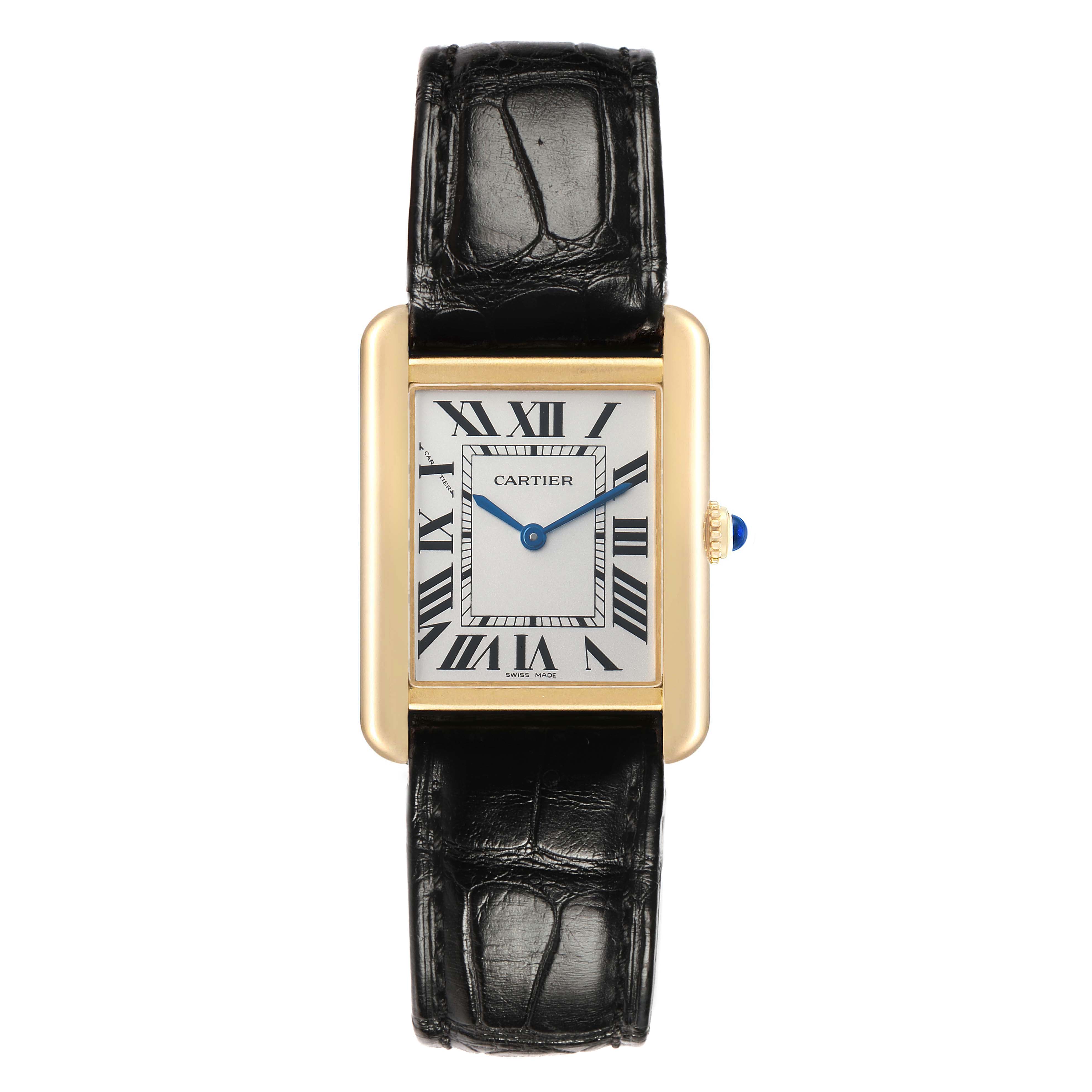 The Cartier Tank Solo W5200002 Men's Steel and Gold (two tone) White Dial watch is shown from a top-down angle, displaying its gold case, black leather strap, and Roman numeral dial.