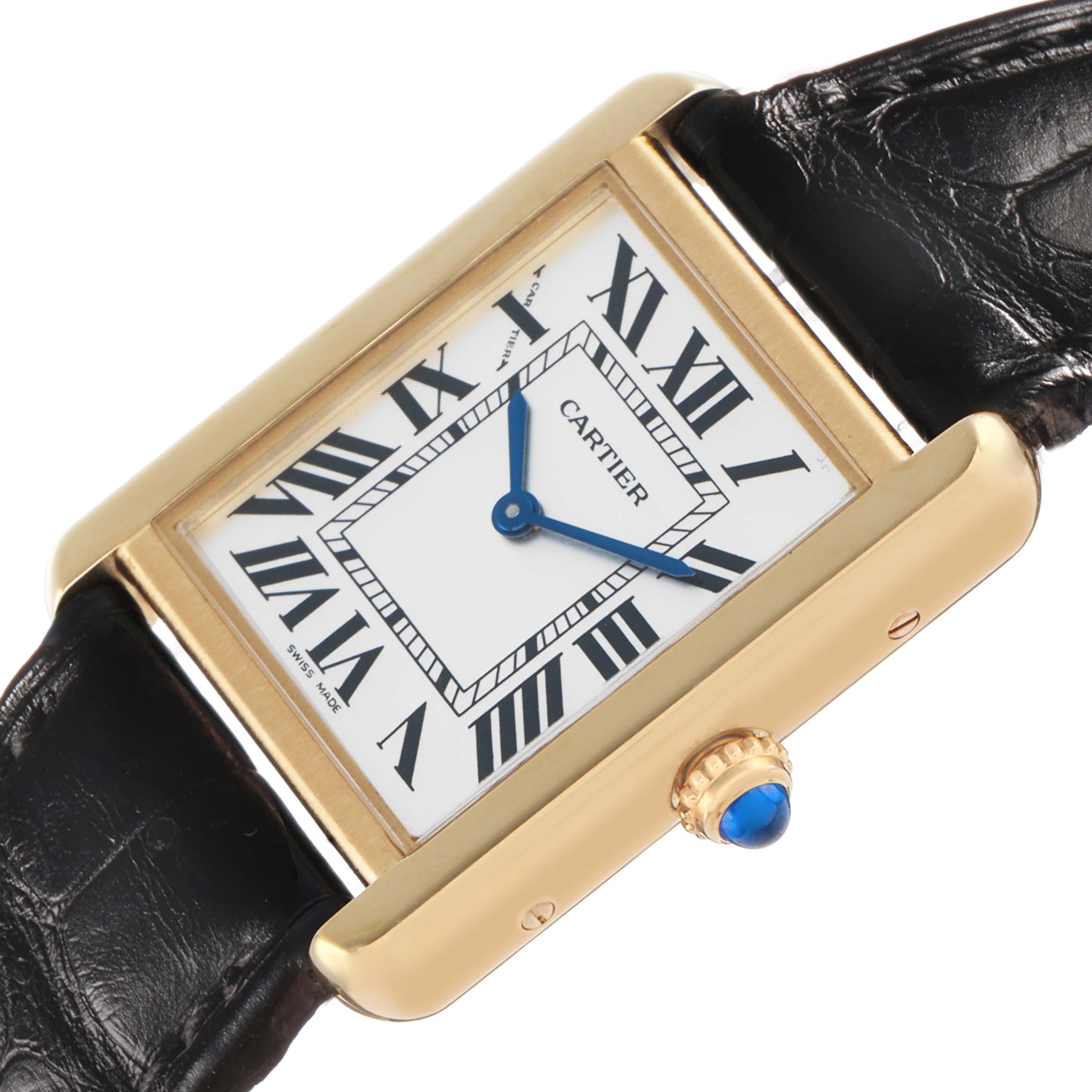 This Cartier Tank Solo W5200002 Men's Steel and Gold (two tone) White Dial watch is shown at a slight angle, displaying the face, Roman numerals, and crown with a blue cabochon.