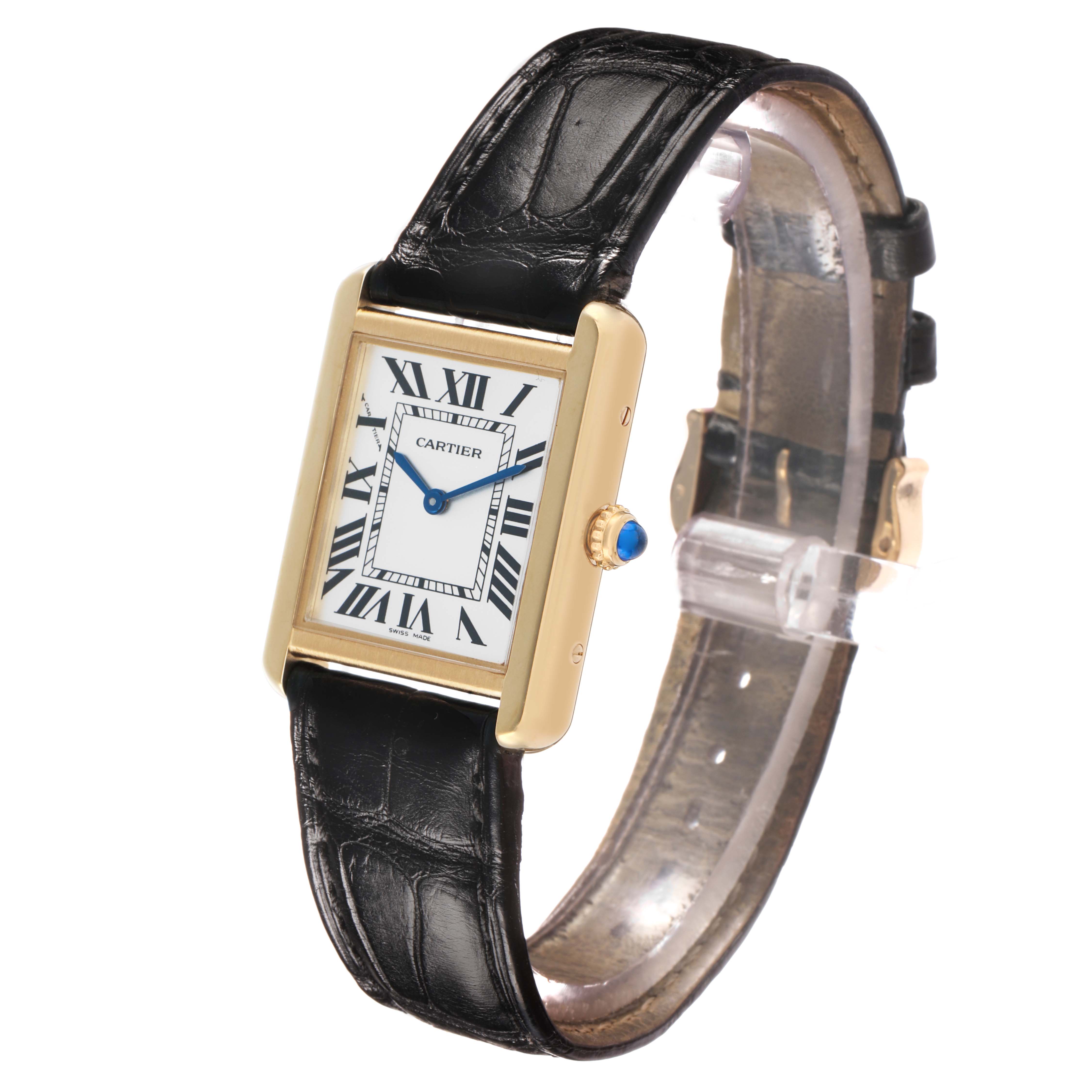 The Cartier Tank Solo W5200002 Men's Steel and Gold (two tone) White Dial watch is shown at a slight angle, highlighting the rectangular face, Roman numerals, and black leather strap.