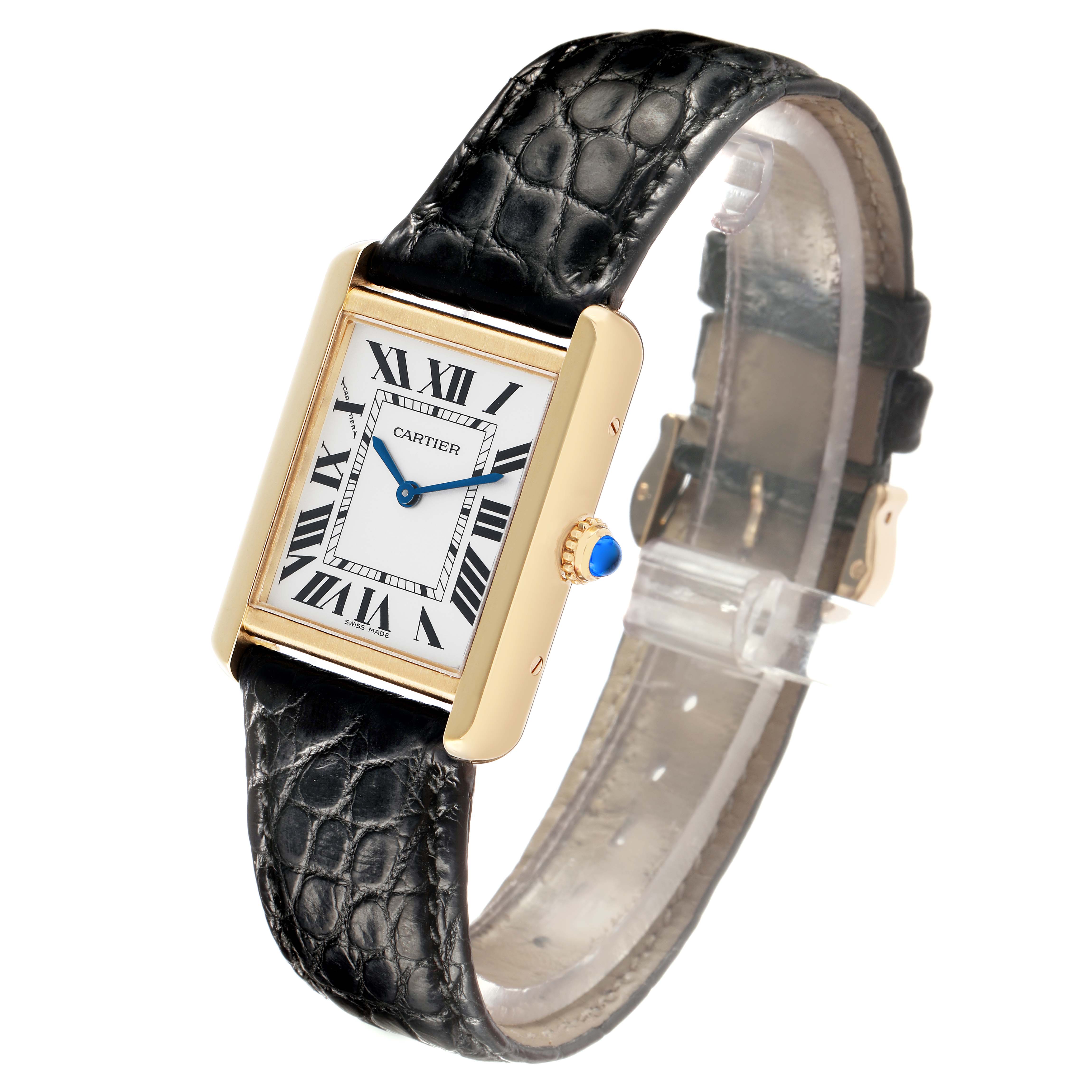 The Cartier Tank Solo W5200002 Women's Steel and Gold (two tone) Silver Dial watch is shown at an angle displaying the face, case, crown, and leather strap.