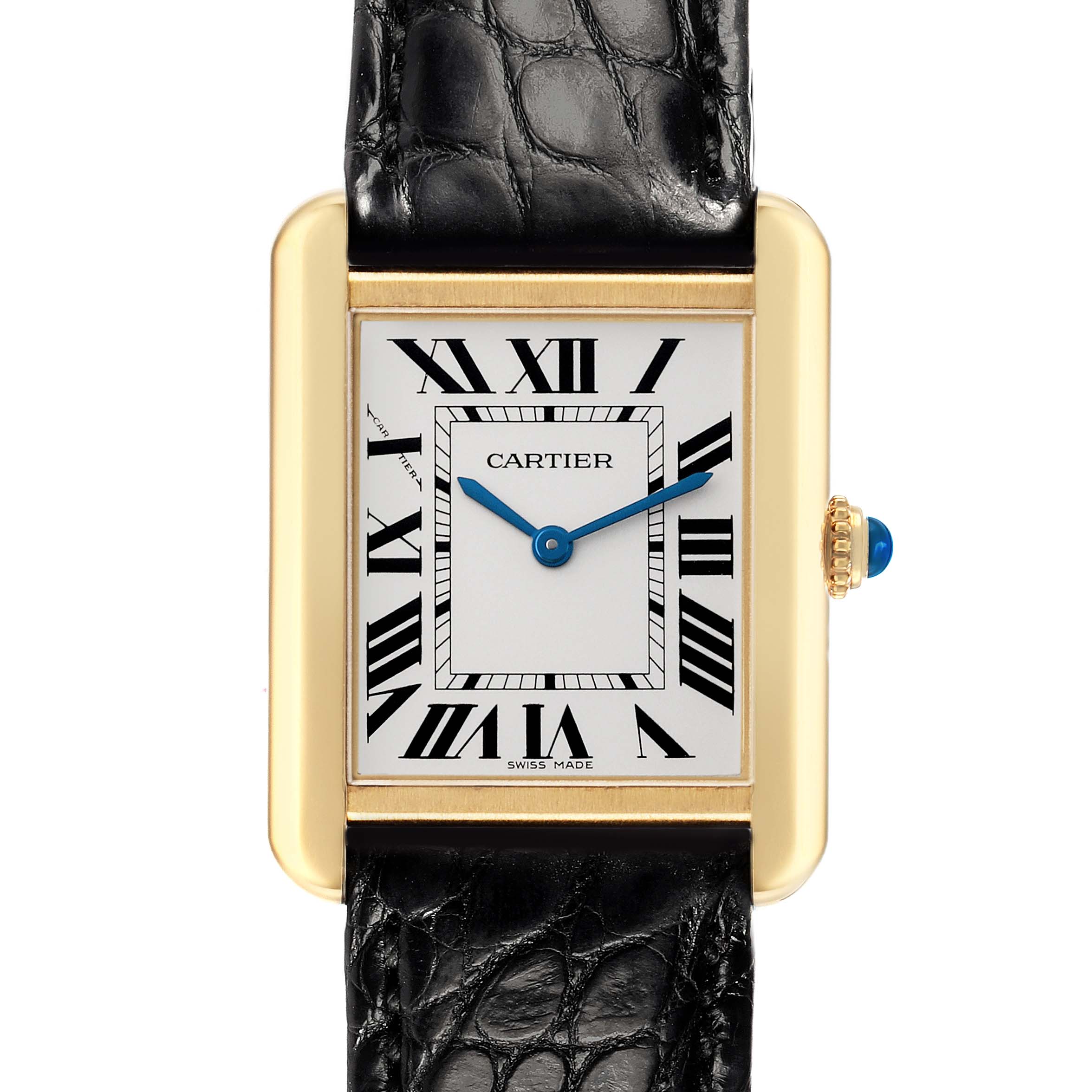 The Cartier Tank Solo W5200002 Women's Steel and Gold (two tone) Silver Dial watch is shown from a front view, displaying its face, iconic Roman numerals, and crown with blue cabochon.