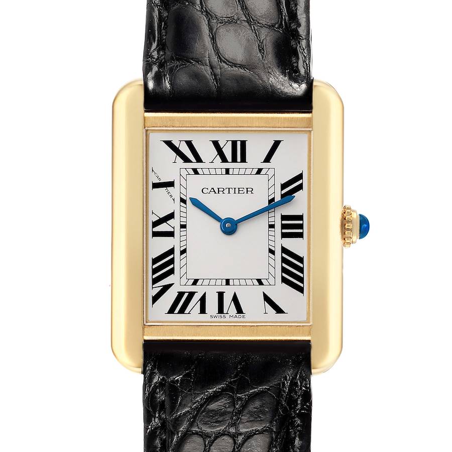 The Cartier Tank Solo W5200002 Women's Steel and Gold (two tone) Silver Dial watch is shown from a front view, displaying its face, iconic Roman numerals, and crown with blue cabochon.