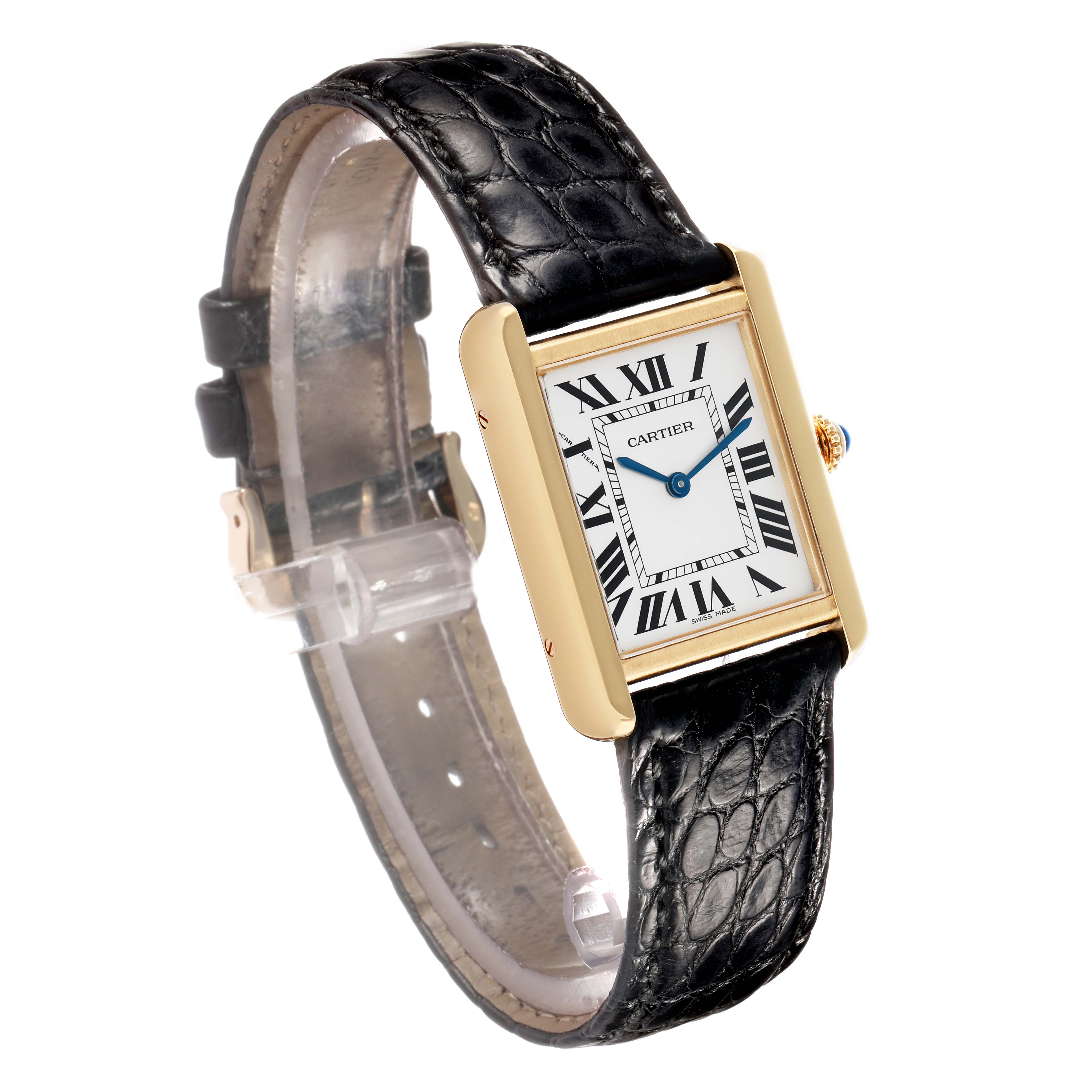 The Cartier Tank Solo W5200002 Women's Steel and Gold (two tone) Silver Dial watch is shown from an angled side view, highlighting its rectangular face and leather strap.