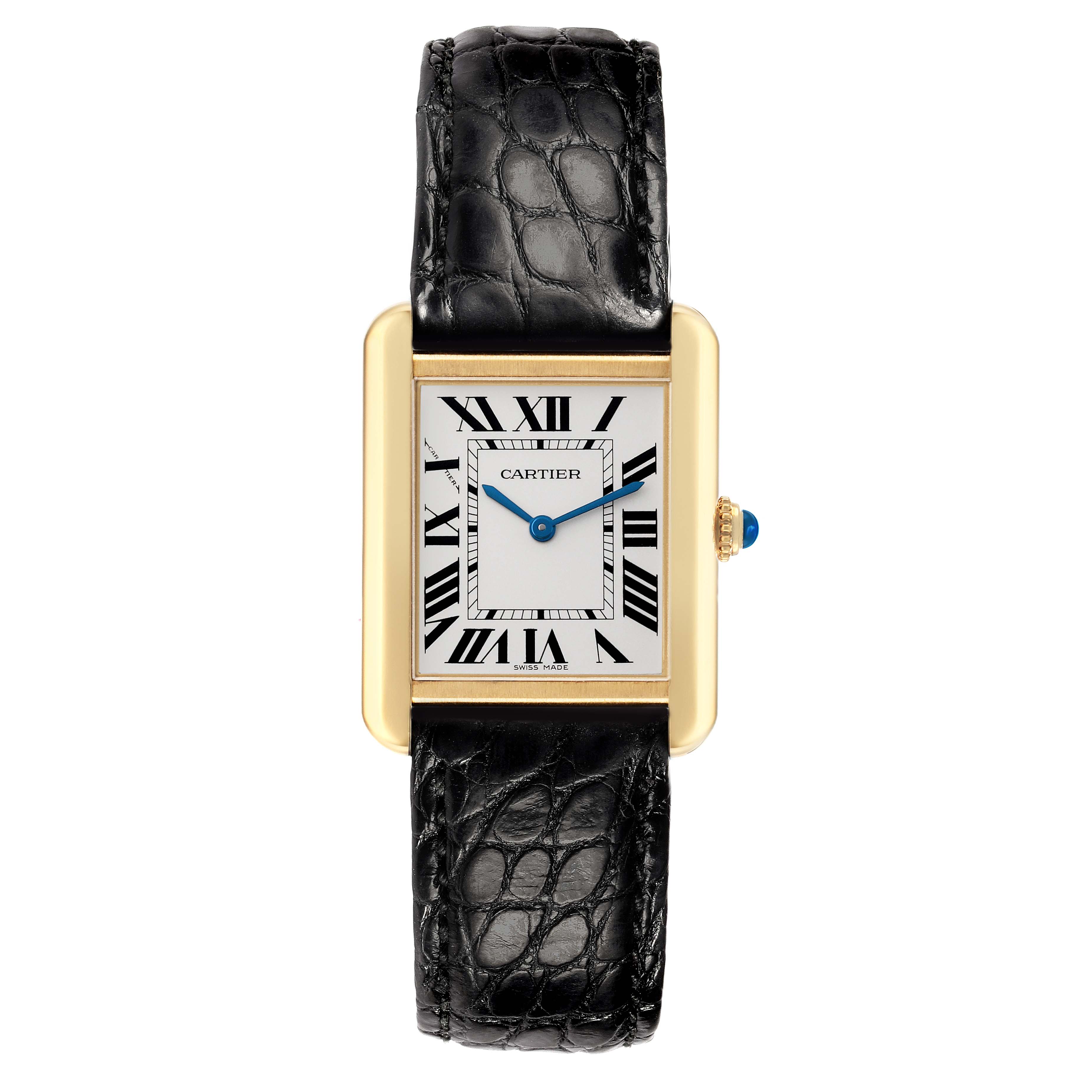 The Cartier Tank Solo W5200002 Women's Steel and Gold (two tone) Silver Dial watch is shown from a front angle, highlighting its rectangular gold case, black leather strap, and Roman numeral dial.