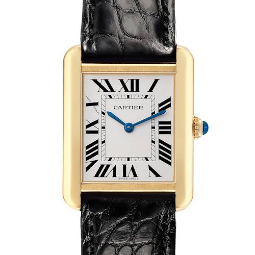 The Cartier Tank Solo W5200002 Women's Steel and Gold (two tone) Silver Dial watch is shown frontally, featuring a rectangular face, Roman numerals, blue hands, and a black leather strap.