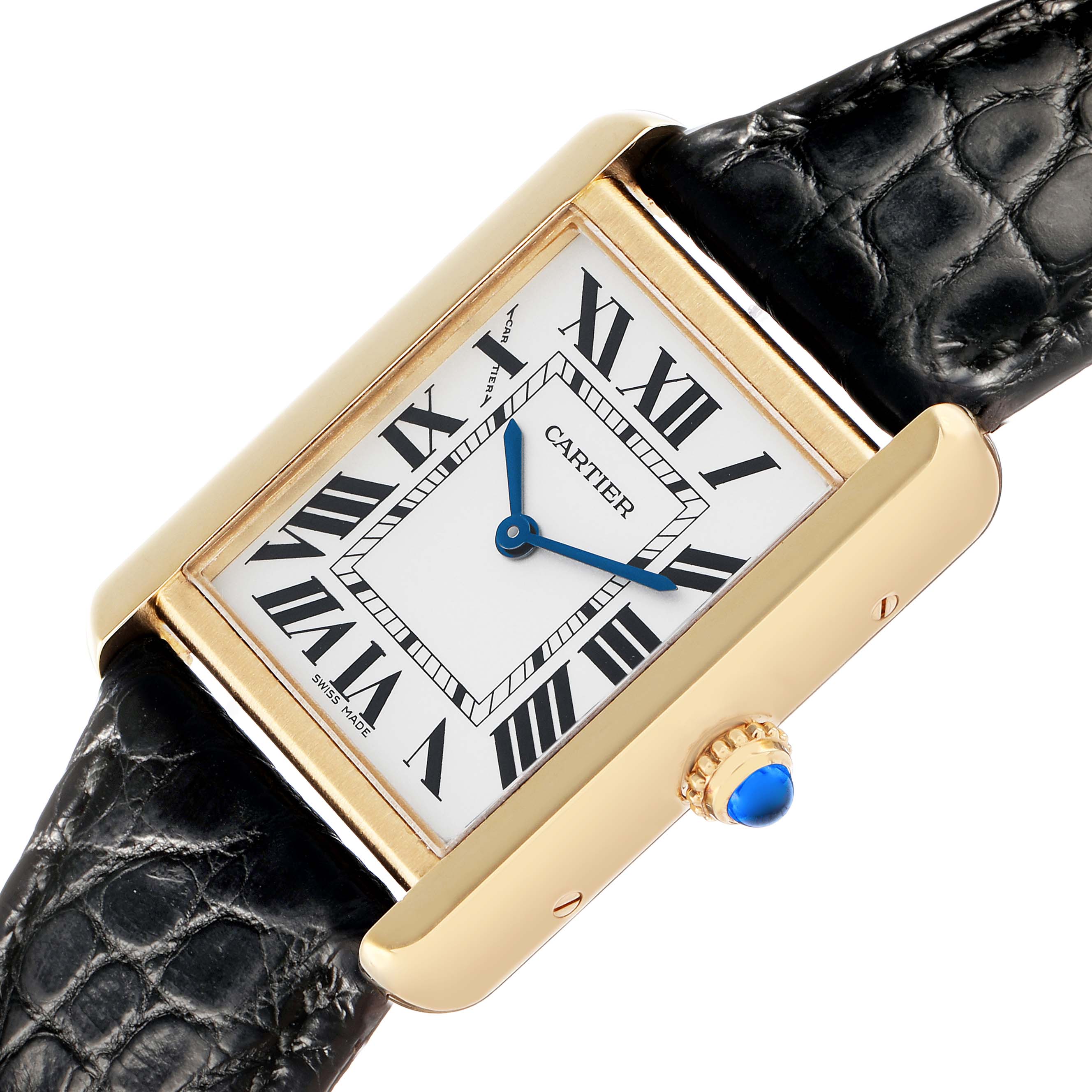 The Cartier Tank Solo W5200002 Women's Steel and Gold (two tone) Silver Dial watch is shown at an angled view, highlighting the face, Roman numerals, and blue hands.