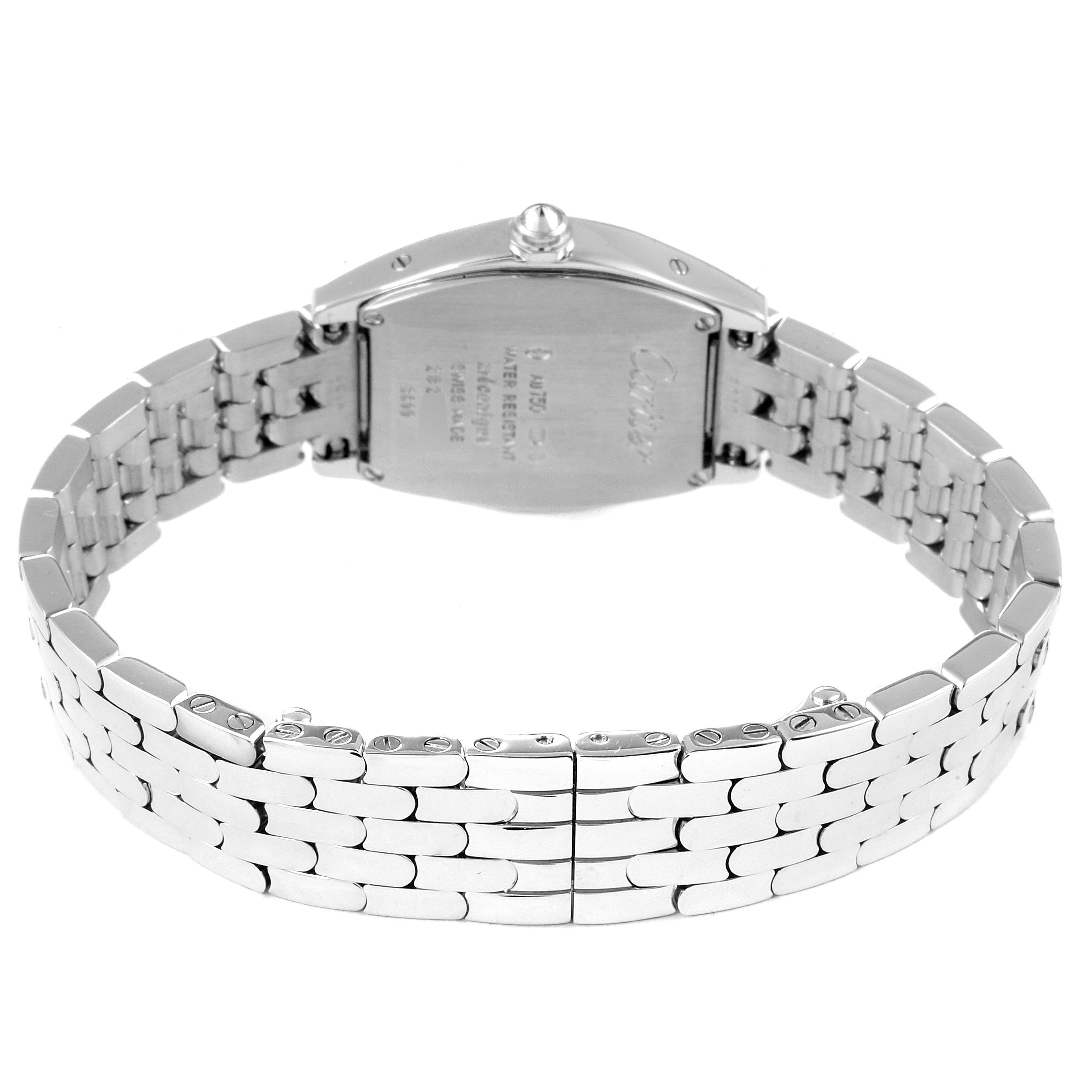The image shows the back and bracelet of a Cartier Tortue WA501011 Women's White Gold Silver Dial WA501011 Women's White Gold Silver Dial model watch, highlighting its clasp and case back.