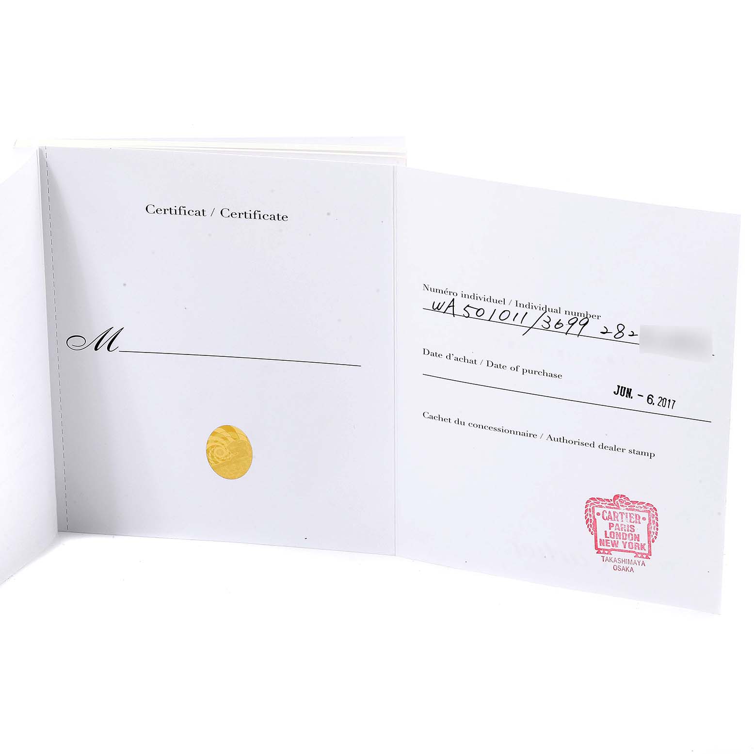 The image shows the open Cartier Tortue WA501011 Women's White Gold Silver Dial WA501011 Women's White Gold Silver Dial model's certificate of authenticity, including the purchase date and dealer stamp.