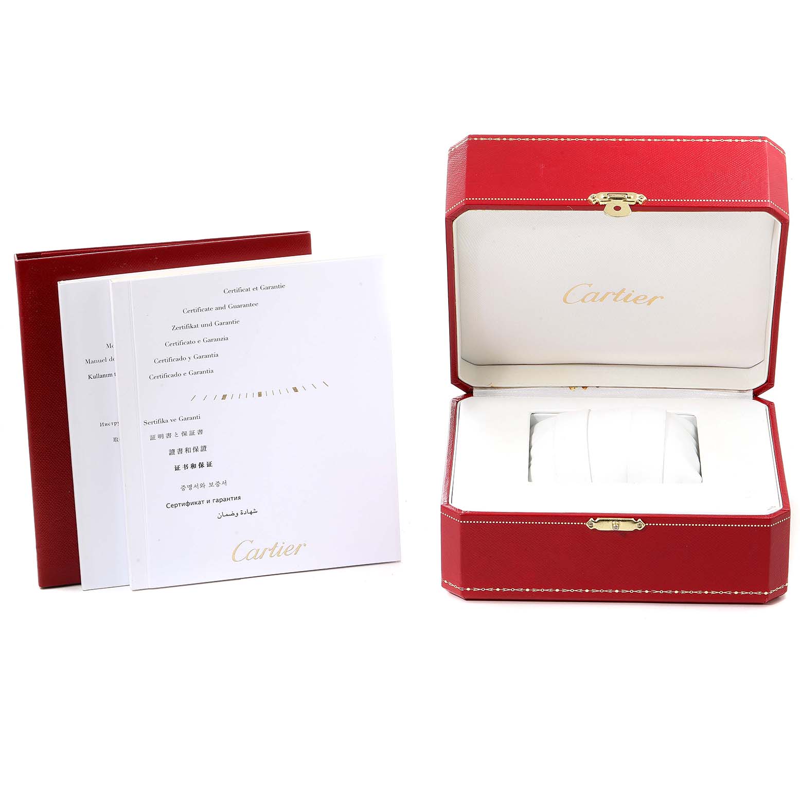 This image features the red Cartier Tortue WA501011 Women's White Gold Silver Dial WA501011 Women's White Gold Silver Dial watch box and warranty documents placed beside it.