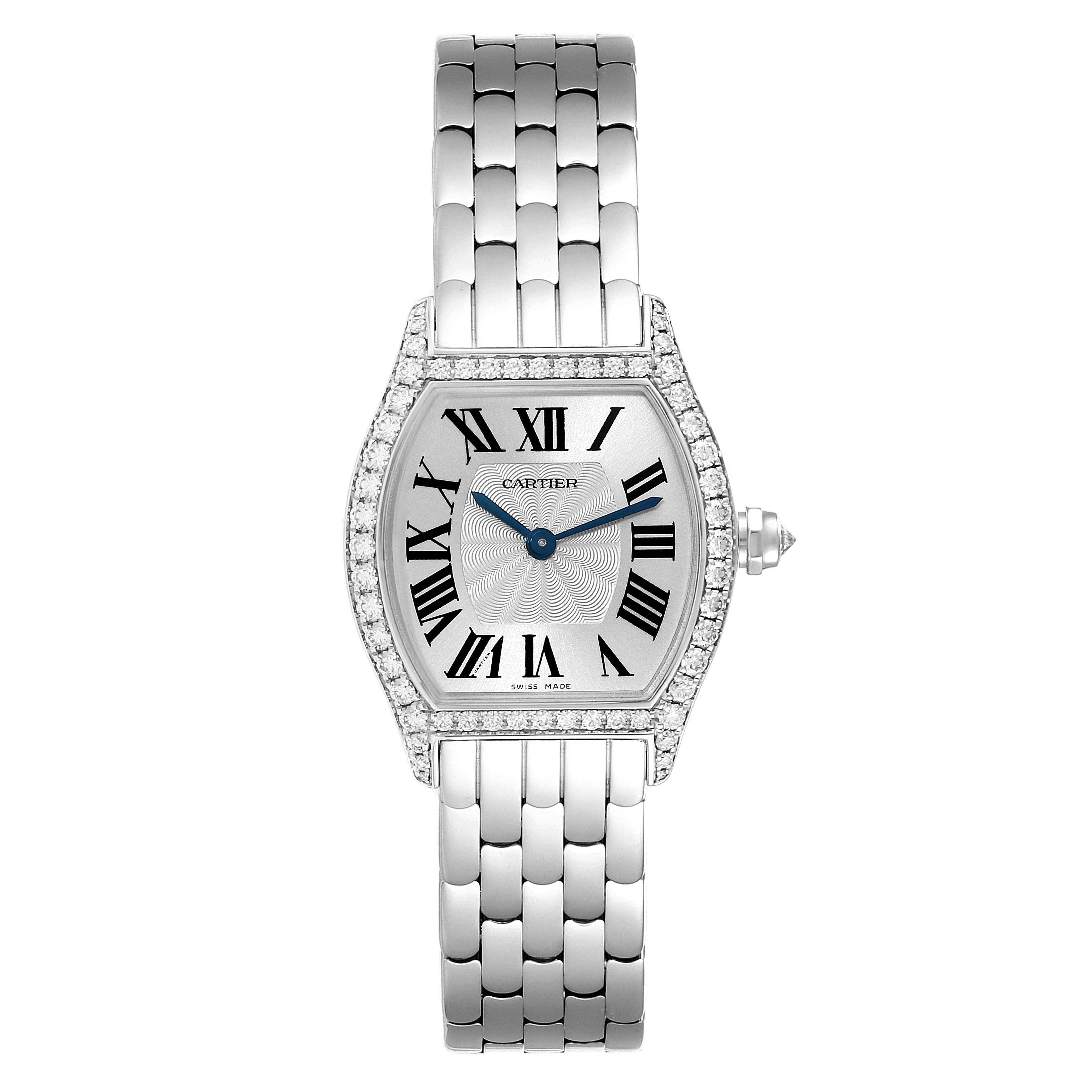 The image shows a frontal view of the Cartier Tortue WA501011 Women's White Gold Silver Dial WA501011 Women's White Gold Silver Dial watch, displaying the face, bezel, and metal strap.