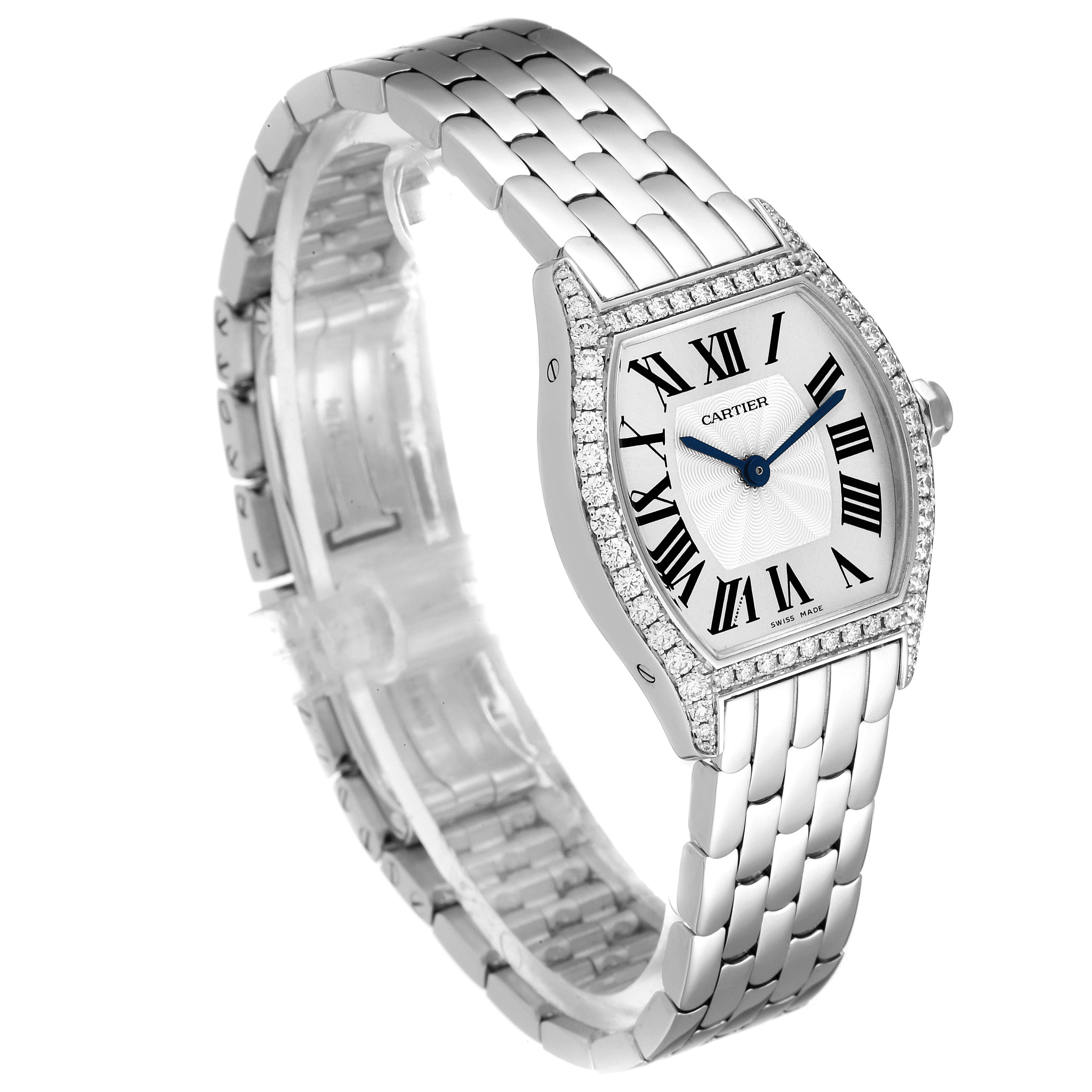 The Cartier Tortue WA501011 Women's White Gold Silver Dial WA501011 Women's White Gold Silver Dial watch is shown at a three-quarter angle, highlighting its face, bezel, and bracelet.