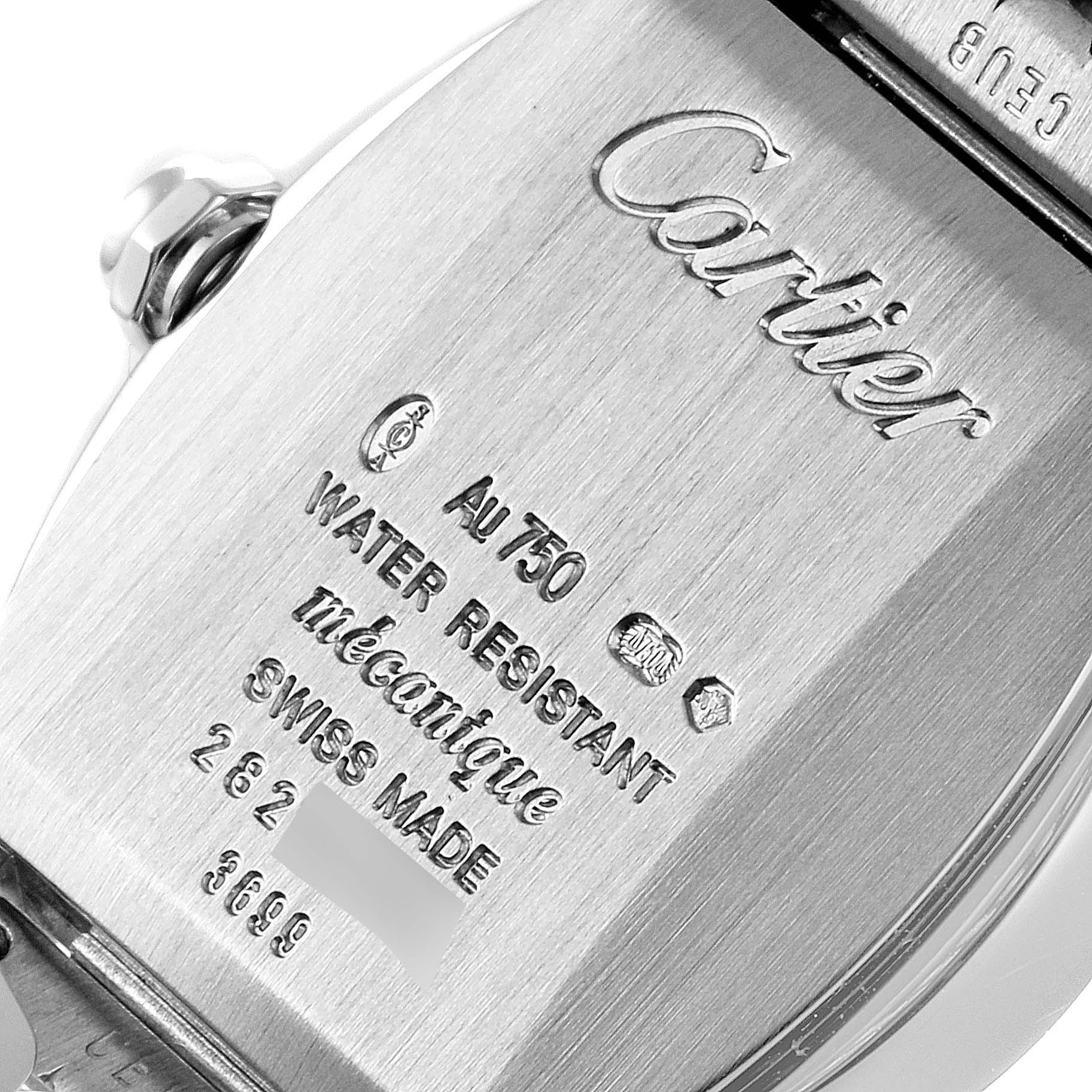 The image shows the back case of the Cartier Tortue WA501011 Women's White Gold Silver Dial WA501011 Women's White Gold Silver Dial watch, displaying brand engraving and technical details.