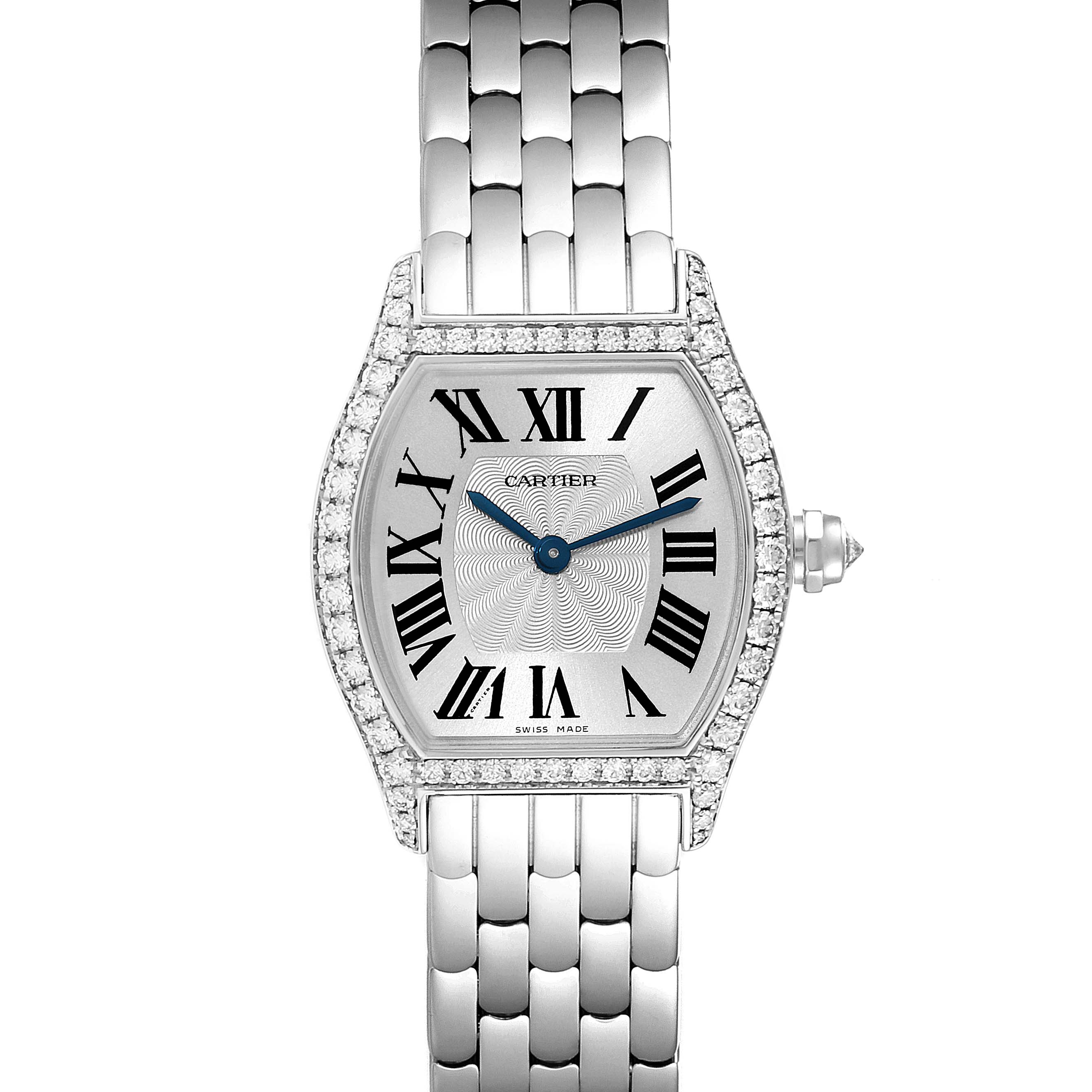 The image shows a front view of a Cartier Tortue WA501011 Women's White Gold Silver Dial WA501011 Women's White Gold Silver Dial model watch, highlighting its face, bezel, crown, and bracelet.