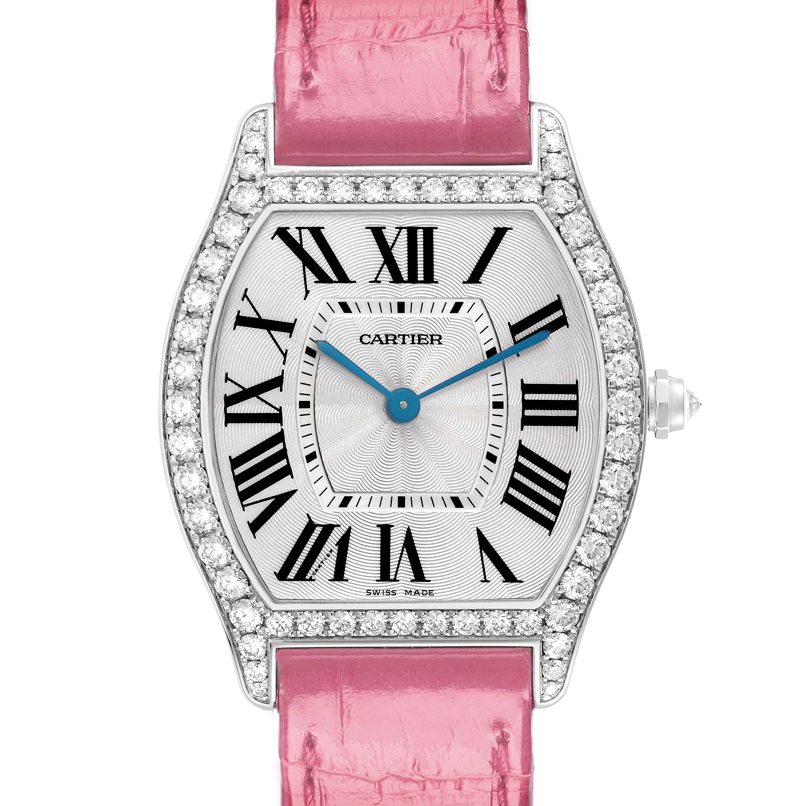 The Cartier Tortue model WA501009 watch is shown from the front, displaying its dial, diamond-encrusted bezel, and pink strap.