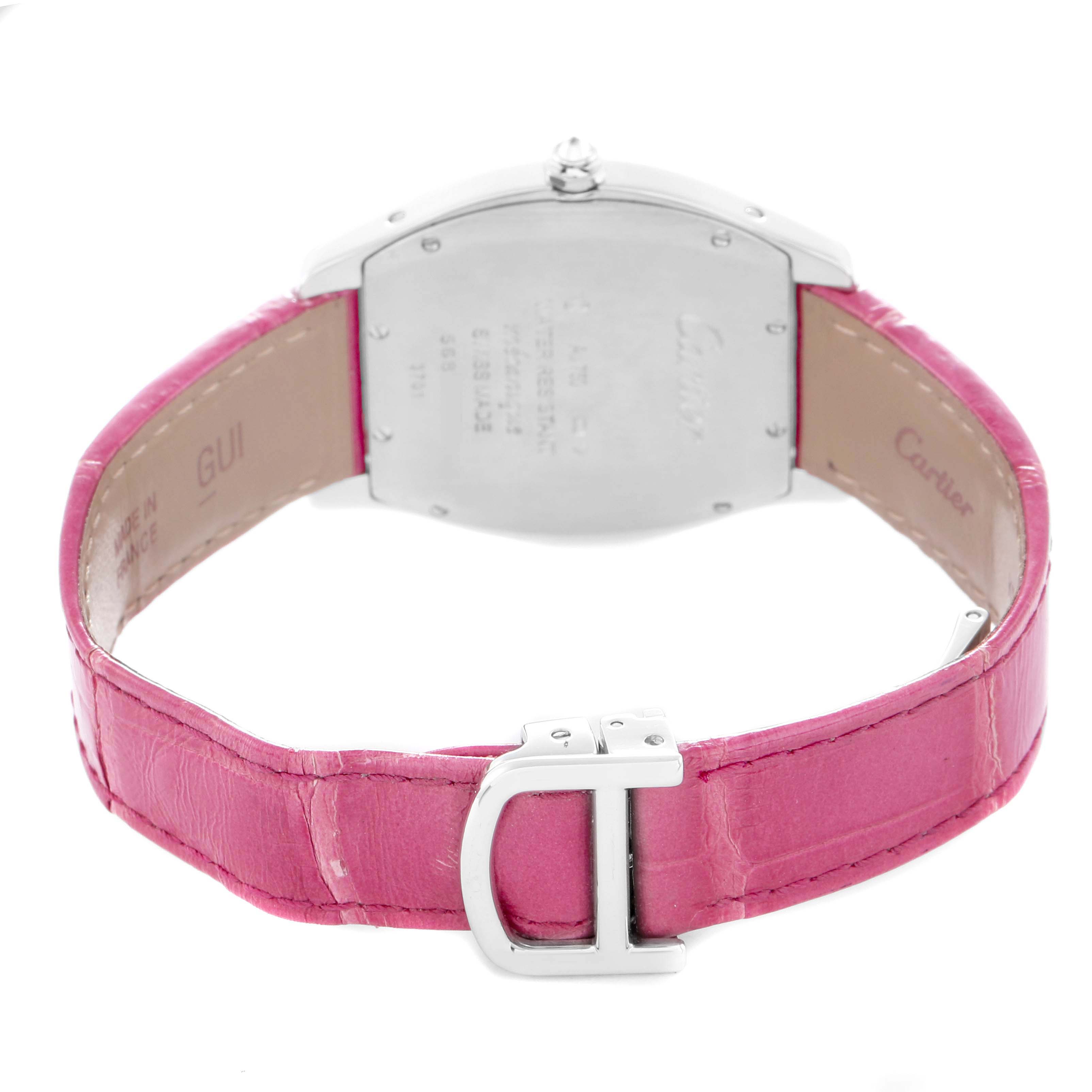 The image shows the back view of the Cartier Tortue Men's watch, model number WA501009, highlighting the case back and pink leather strap with a metal clasp.