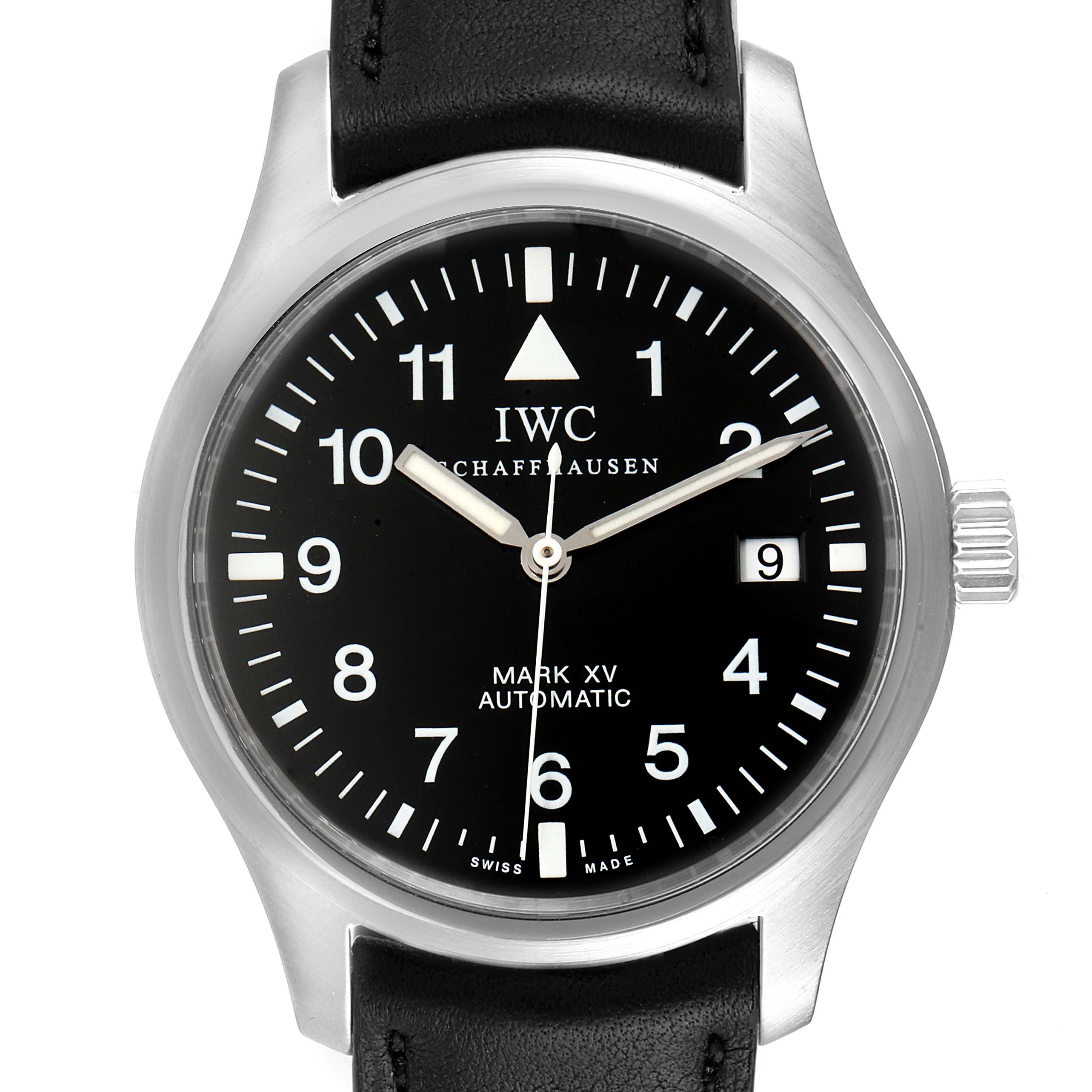 The image shows a front view of an IWC Pilot IW325301 Men's Stainless Steel Black Dial IW325301 Men's Stainless Steel Black Dial Mark XV automatic watch, displaying its black dial, numerals, hands, date window, and leather strap.