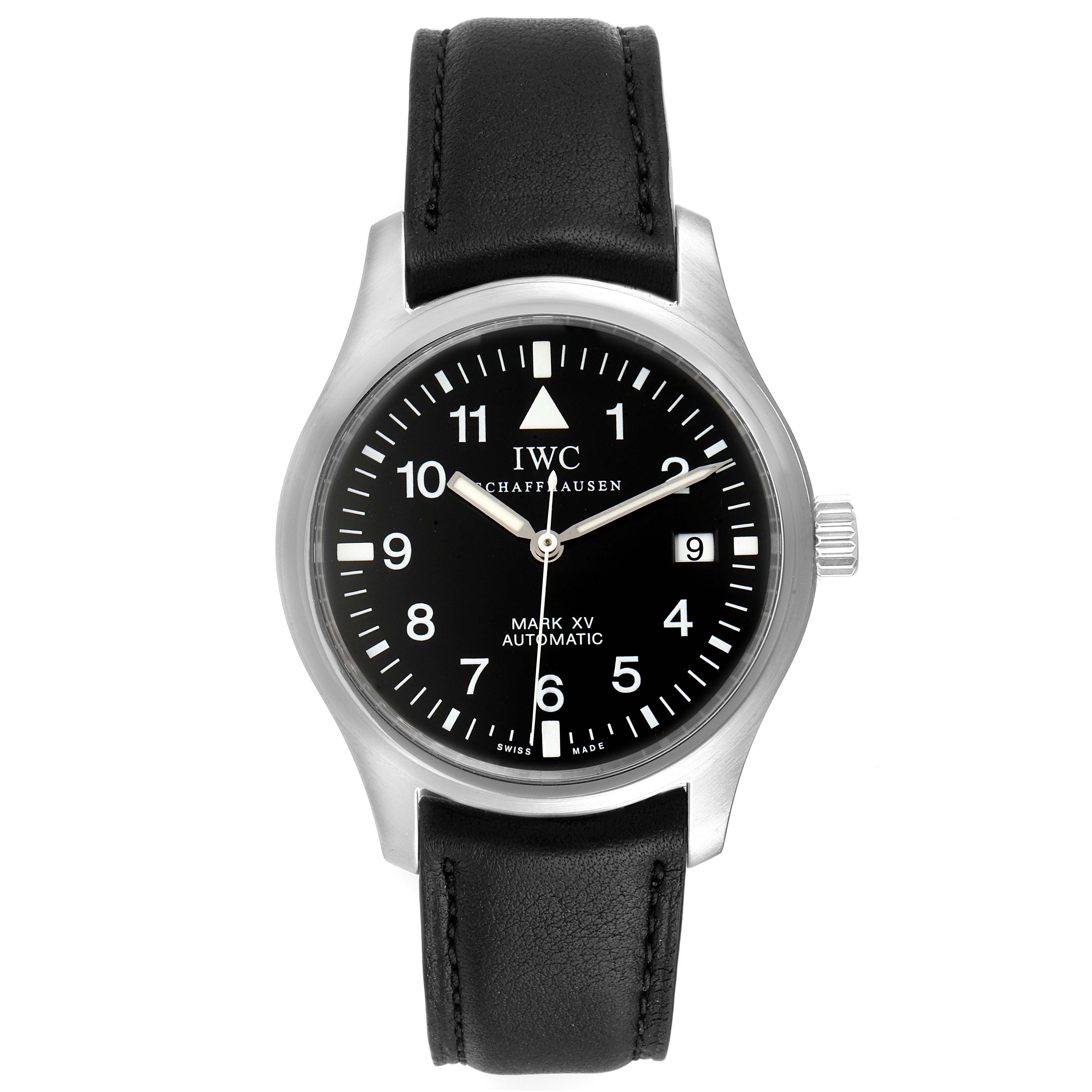 The image shows a front view of an IWC Pilot IW325301 Men's Stainless Steel Black Dial IW325301 Men's Stainless Steel Black Dial Mark XV watch, displaying the dial, hands, crown, and leather strap.