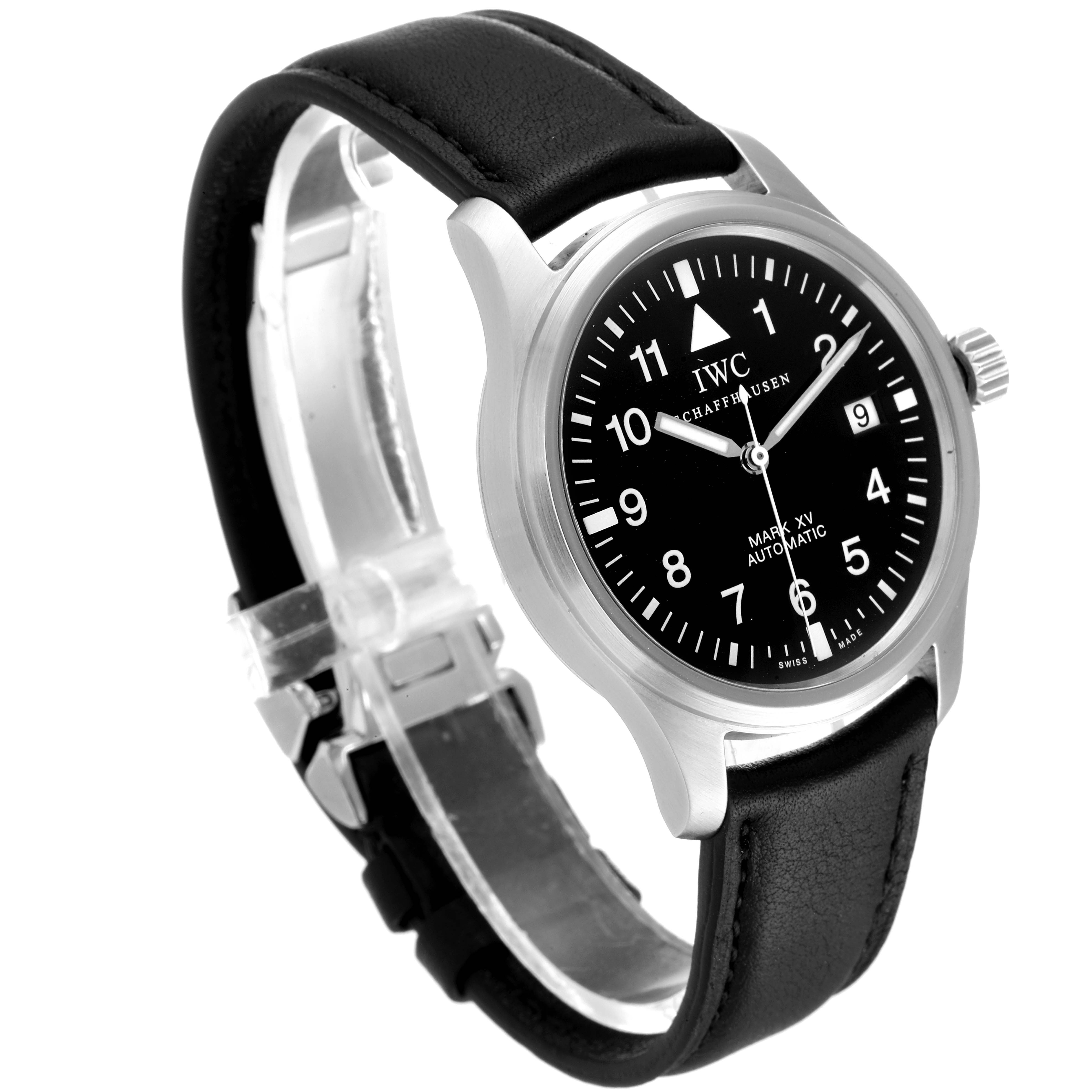 The image shows an IWC Pilot IW325301 Men's Stainless Steel Black Dial IW325301 Men's Stainless Steel Black Dial watch with a clear view of the dial, crown, and leather strap at a slight angle from the front-left side.