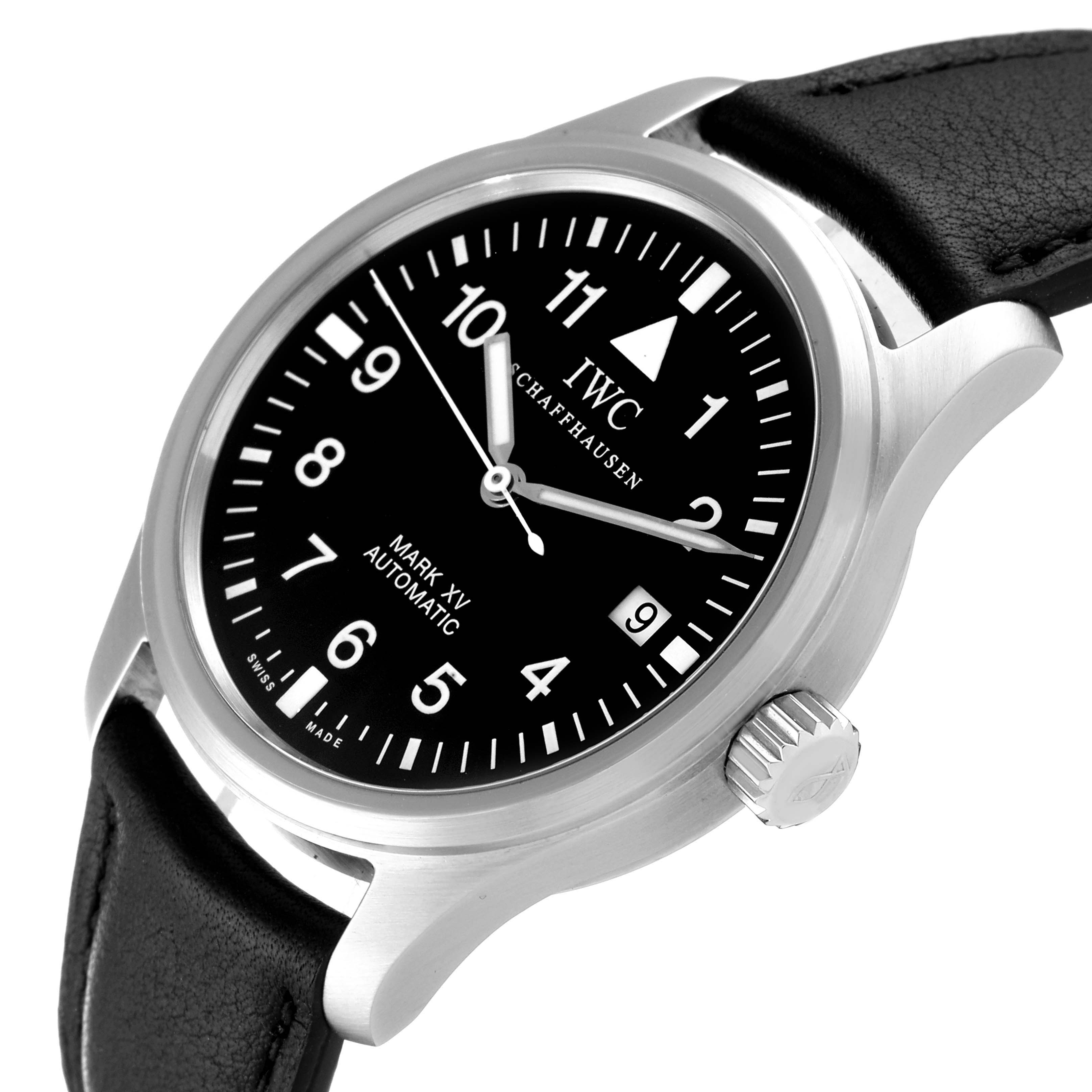This image shows a close-up view of the IWC Pilot IW325301 Men's Stainless Steel Black Dial IW325301 Men's Stainless Steel Black Dial Mark XV Automatic watch, displaying the face, crown, and part of the leather strap.
