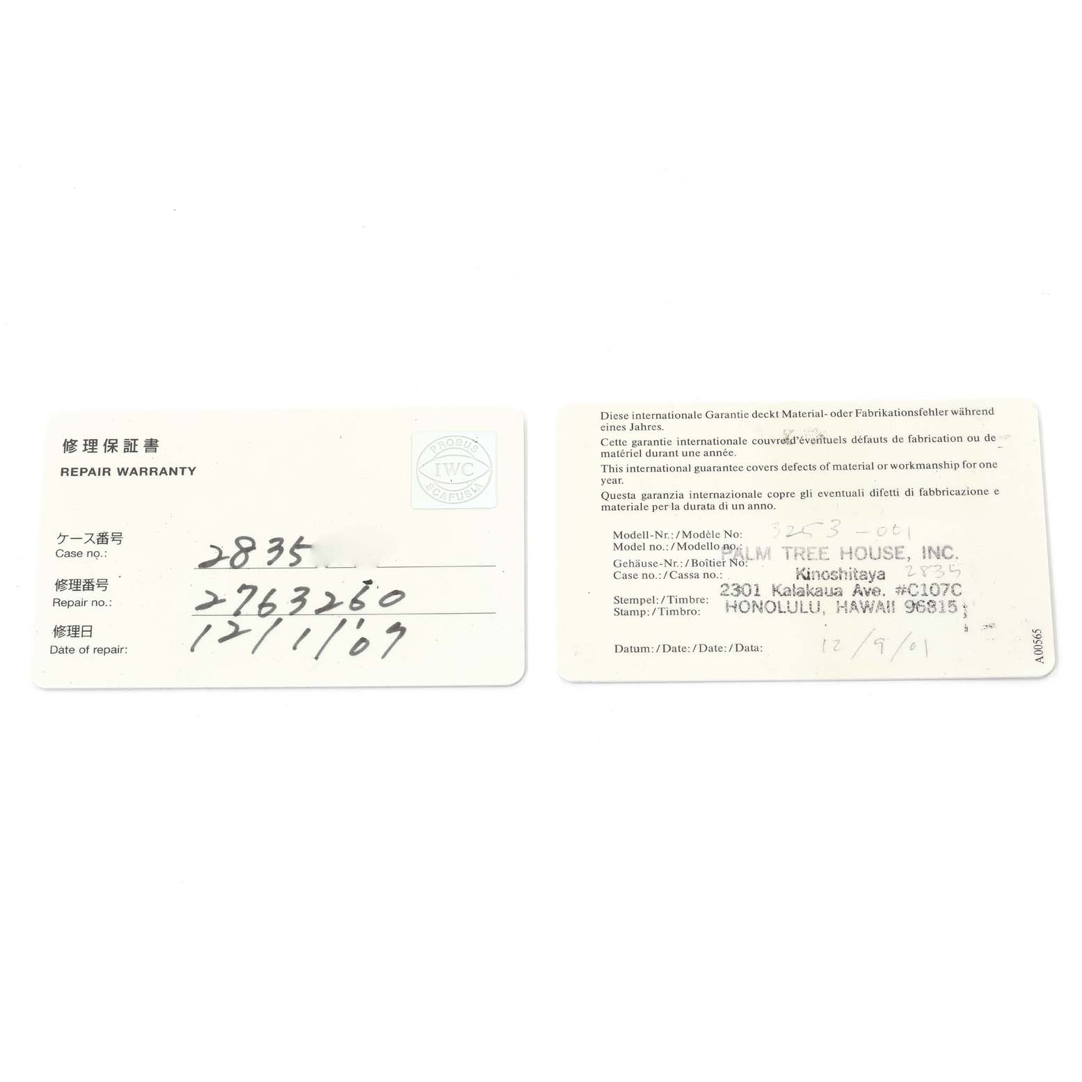 The image shows repair warranty cards for the IWC Pilot IW325301 Men's Stainless Steel Black Dial IW325301 Men's Stainless Steel Black Dial model watch, displaying case numbers and repair details.