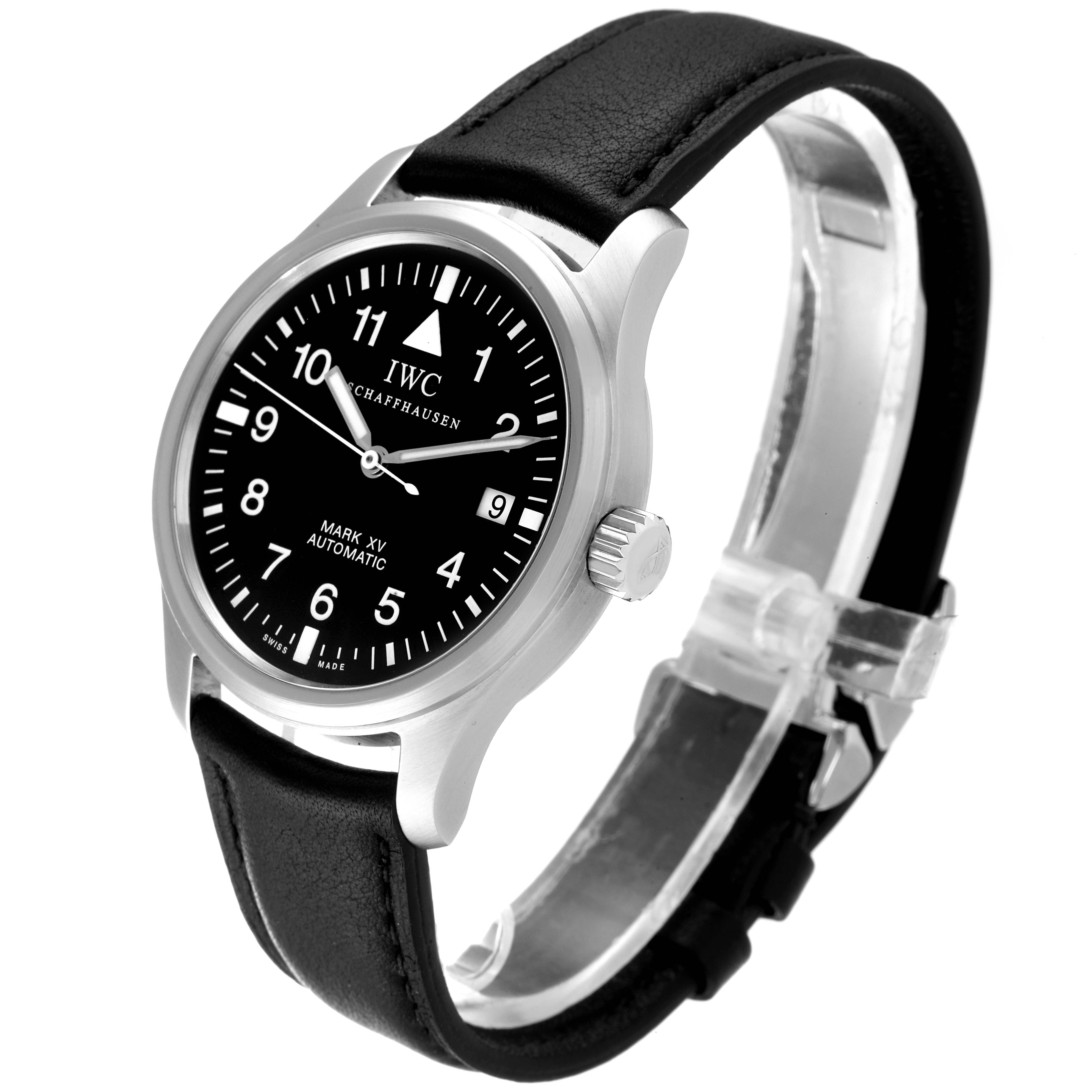 The IWC Pilot IW325301 Men's Stainless Steel Black Dial IW325301 Men's Stainless Steel Black Dial Mark XV Automatic watch is shown from a slightly tilted angled side view, displaying its face, bezel, crown, and leather strap.