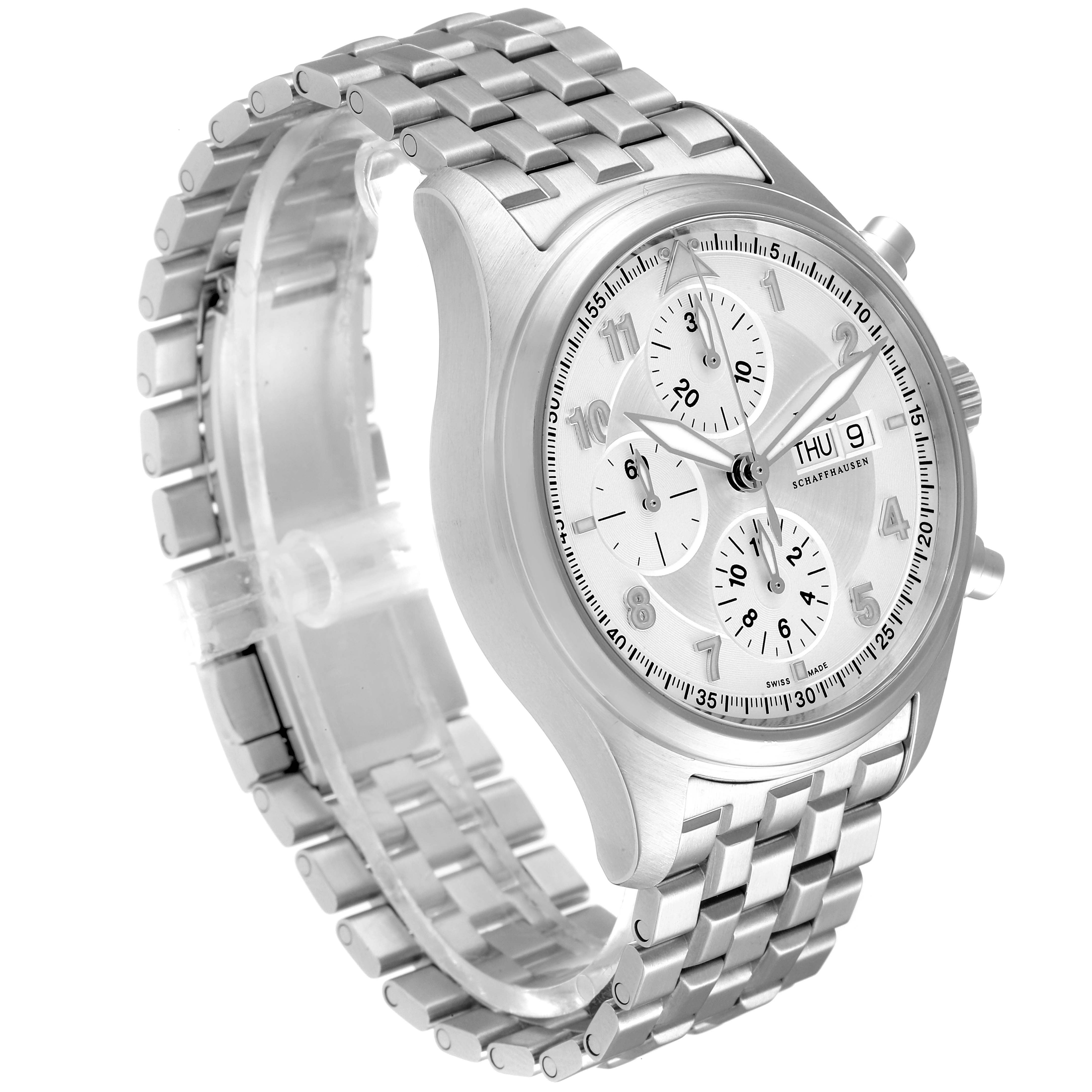 The image shows an IWC Pilot IW371705 Men
s Stainless Steel Silver Dial IW371705 Men
s Stainless Steel Silver Dial model watch at a slight angle, featuring a stainless steel bracelet, chronograph dials, and day-date display.