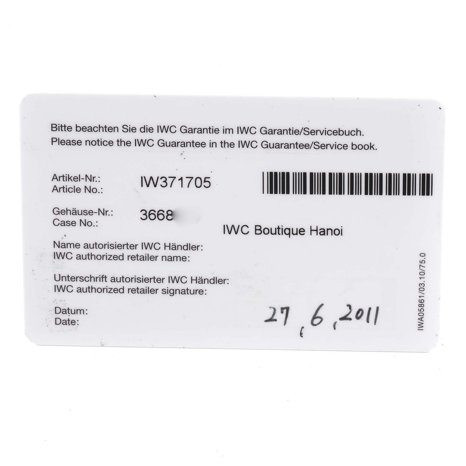 The image shows an IWC guarantee card for the IWC Pilot IW371705 Men
s Stainless Steel Silver Dial IW371705 Men
s Stainless Steel Silver Dial model, including article and case numbers, retailer information, and purchase date.