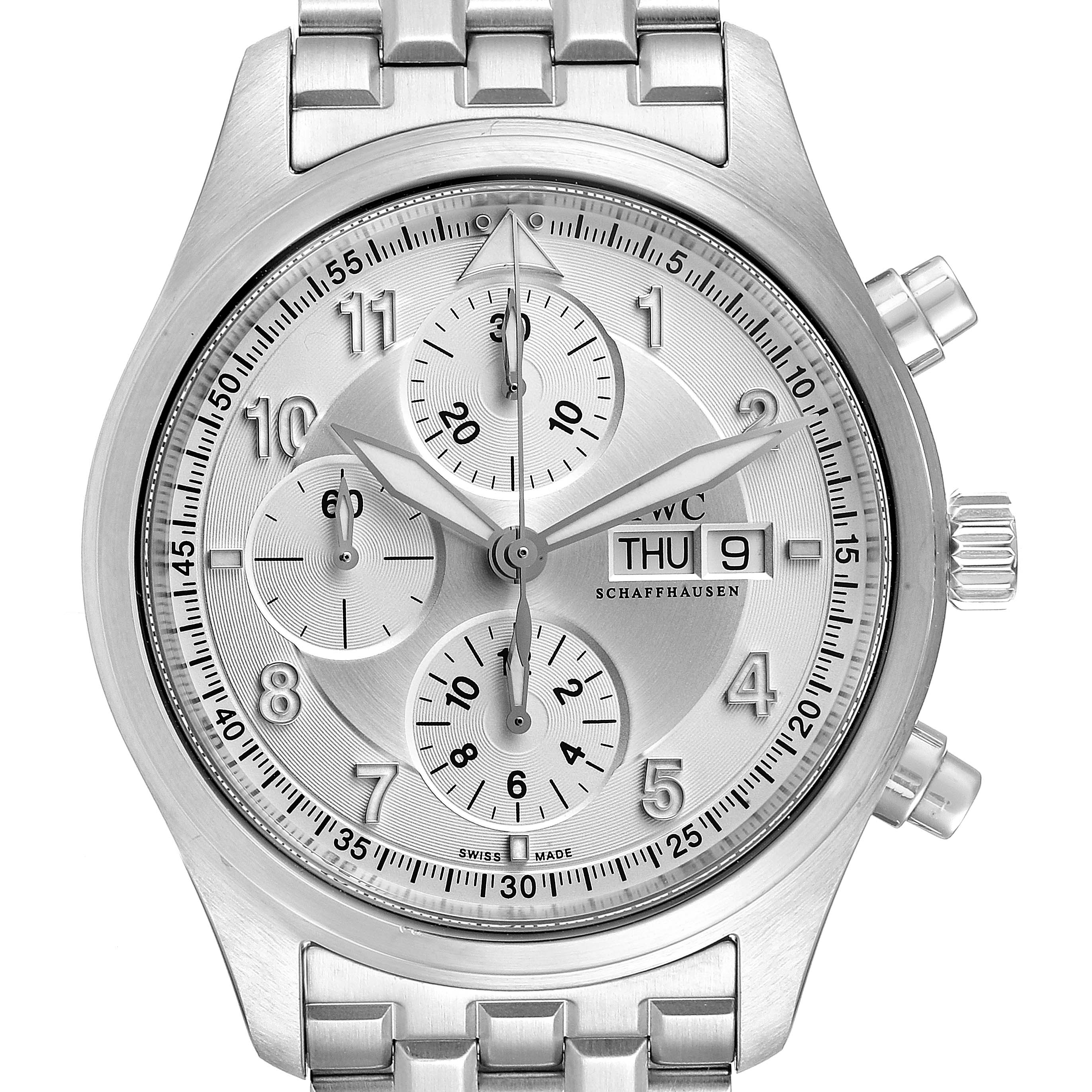 The image shows a front view of an IWC Pilot IW371705 Men
s Stainless Steel Silver Dial IW371705 Men
s Stainless Steel Silver Dial model watch, highlighting its face, dials, and part of the metal bracelet.