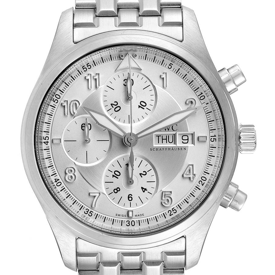 IWC Flieger Spitfire Chronograph Silver Dial Mens Watch IW371705 Box Card SwissWatchExpo