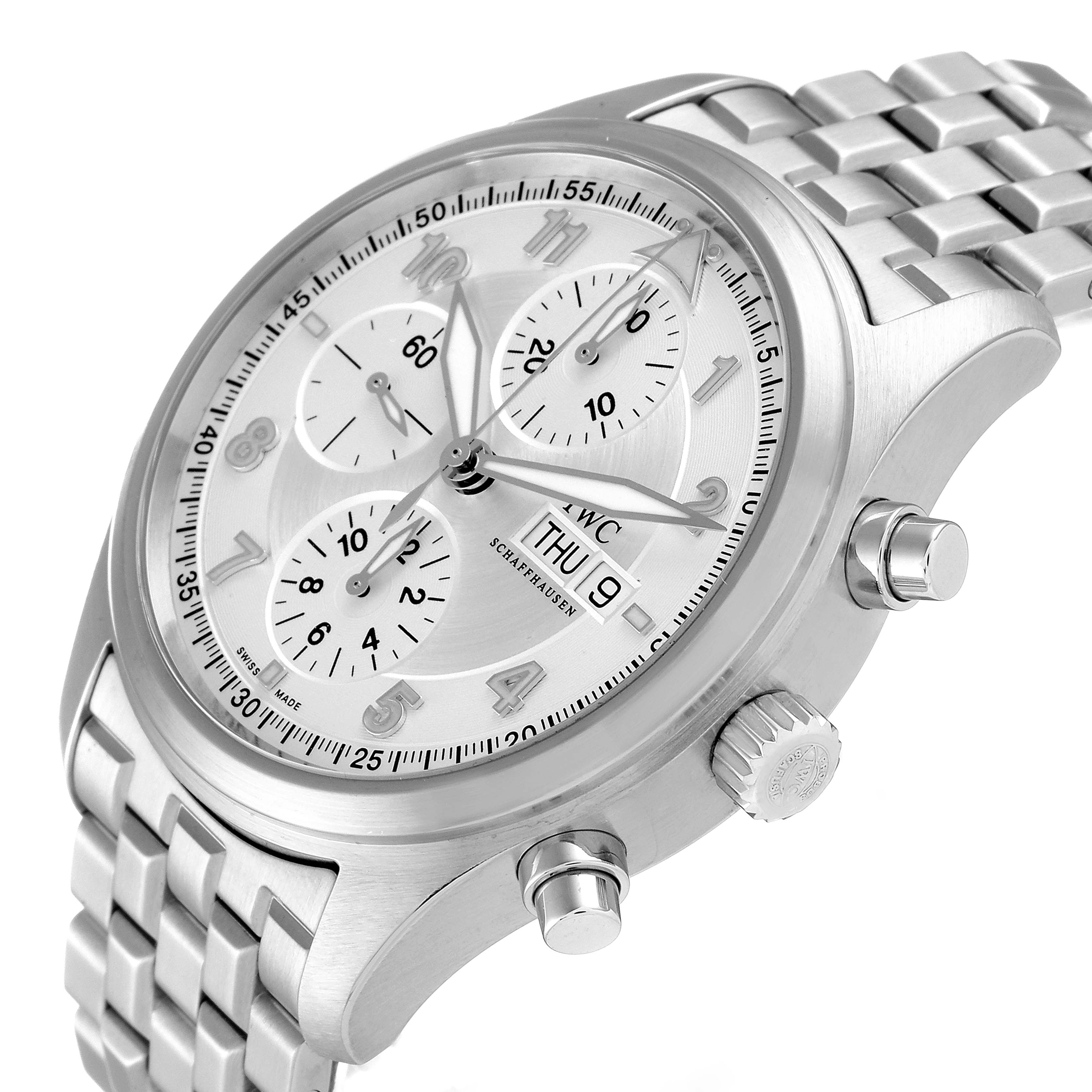 The IWC Pilot IW371705 Men
s Stainless Steel Silver Dial IW371705 Men
s Stainless Steel Silver Dial model watch is shown at an angled view displaying its face, three subdials, crown, and chronograph pushers.