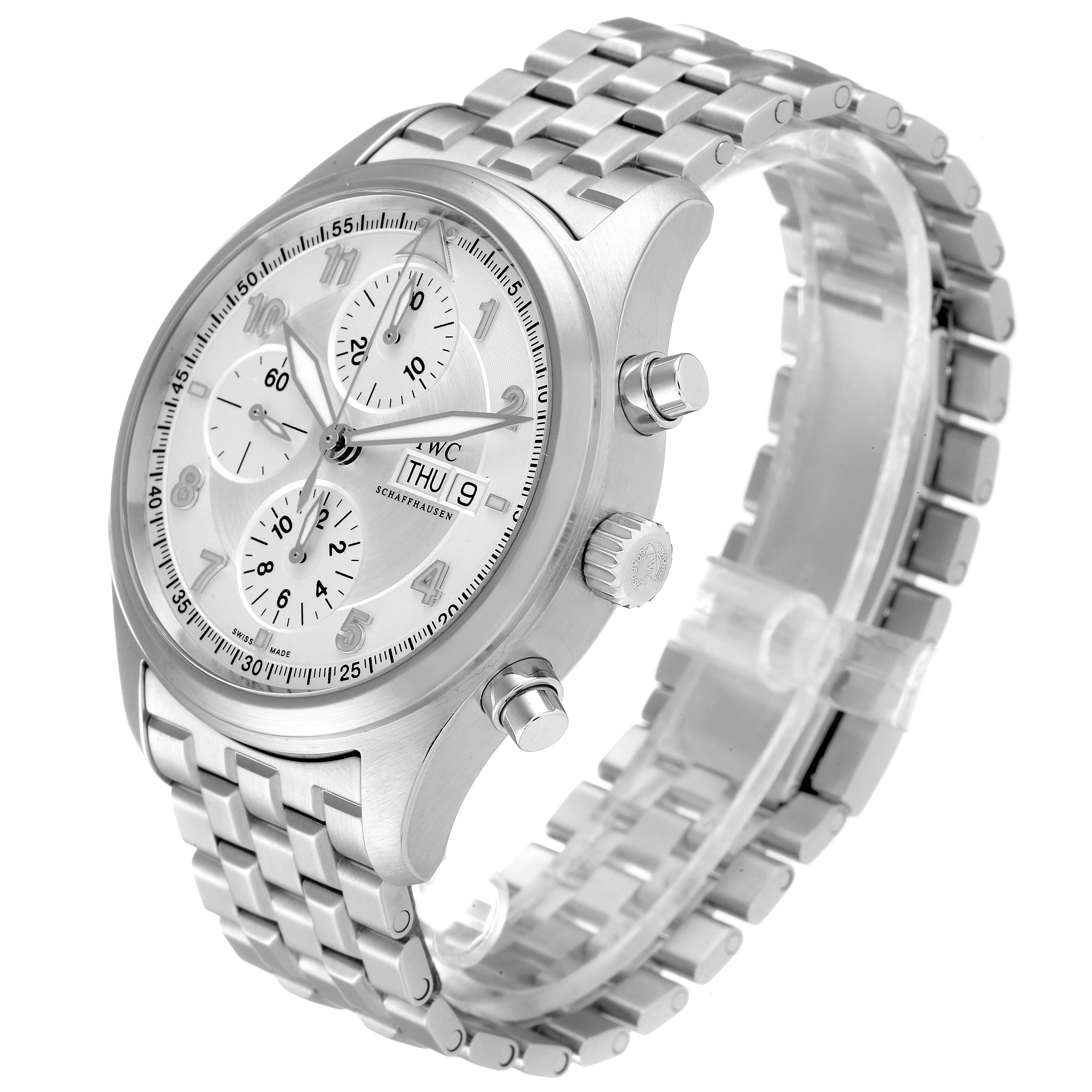 The IWC Pilot IW371705 Men
s Stainless Steel Silver Dial IW371705 Men
s Stainless Steel Silver Dial model watch is shown at an angled side view displaying its circular dial, chronograph subdials, crown, pushers, and metal bracelet.