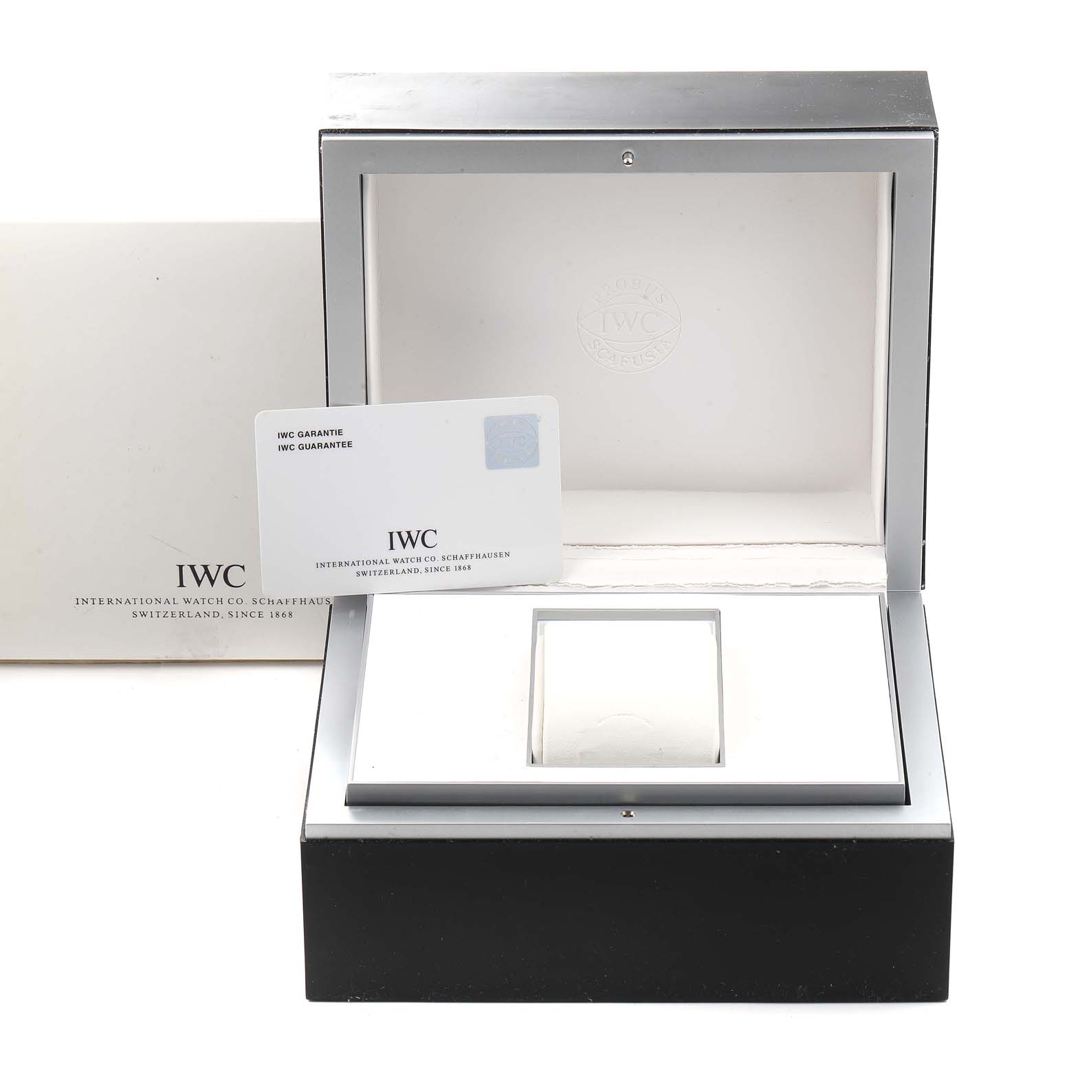 The image shows the packaging for the IWC Pilot IW371705 Men
s Stainless Steel Silver Dial IW371705 Men
s Stainless Steel Silver Dial model watch, including the box, inner cushion, and guarantee card.