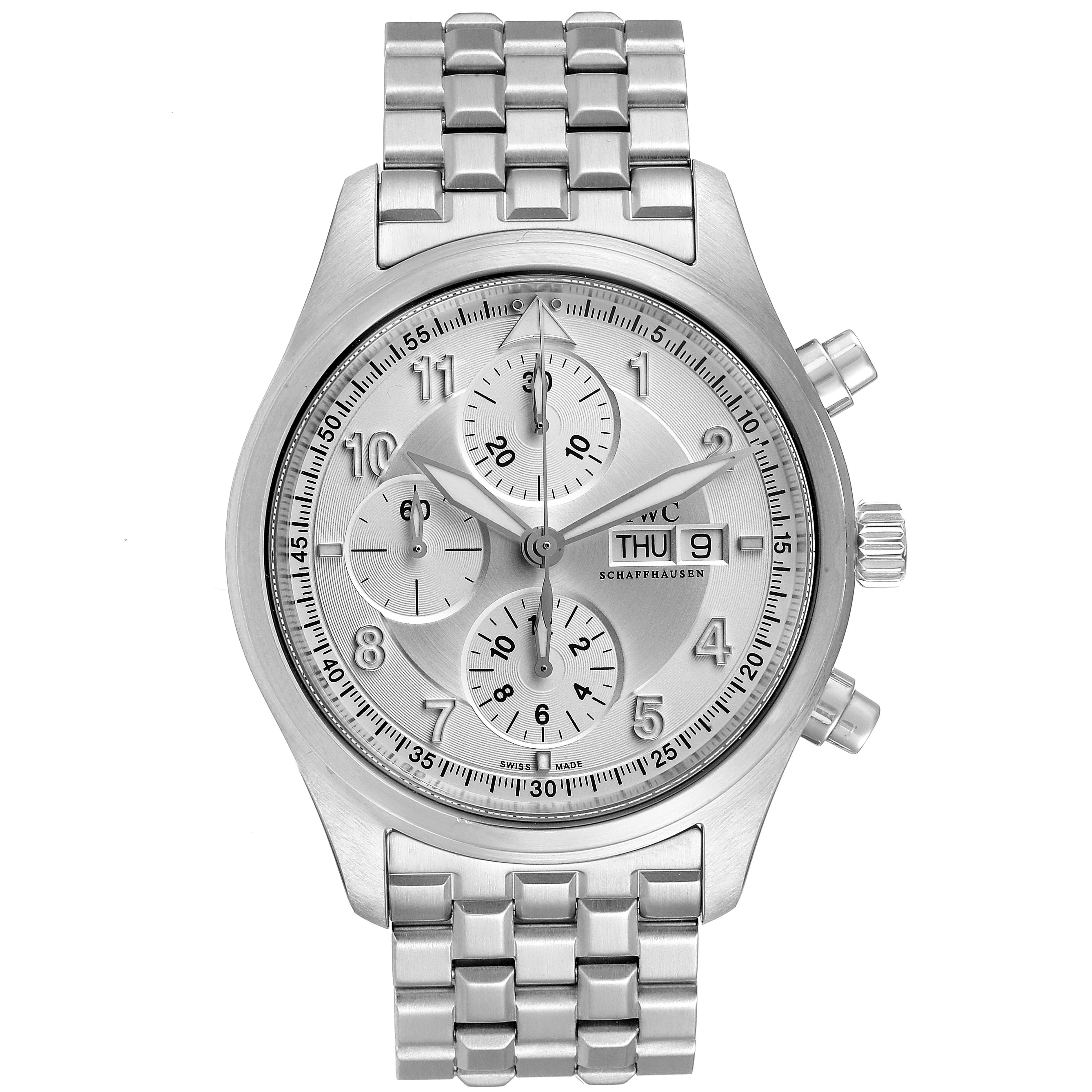 The image shows a front view of the IWC Pilot IW371705 Men
s Stainless Steel Silver Dial IW371705 Men
s Stainless Steel Silver Dial model watch, featuring its dial, subdials, date display, and metal bracelet.