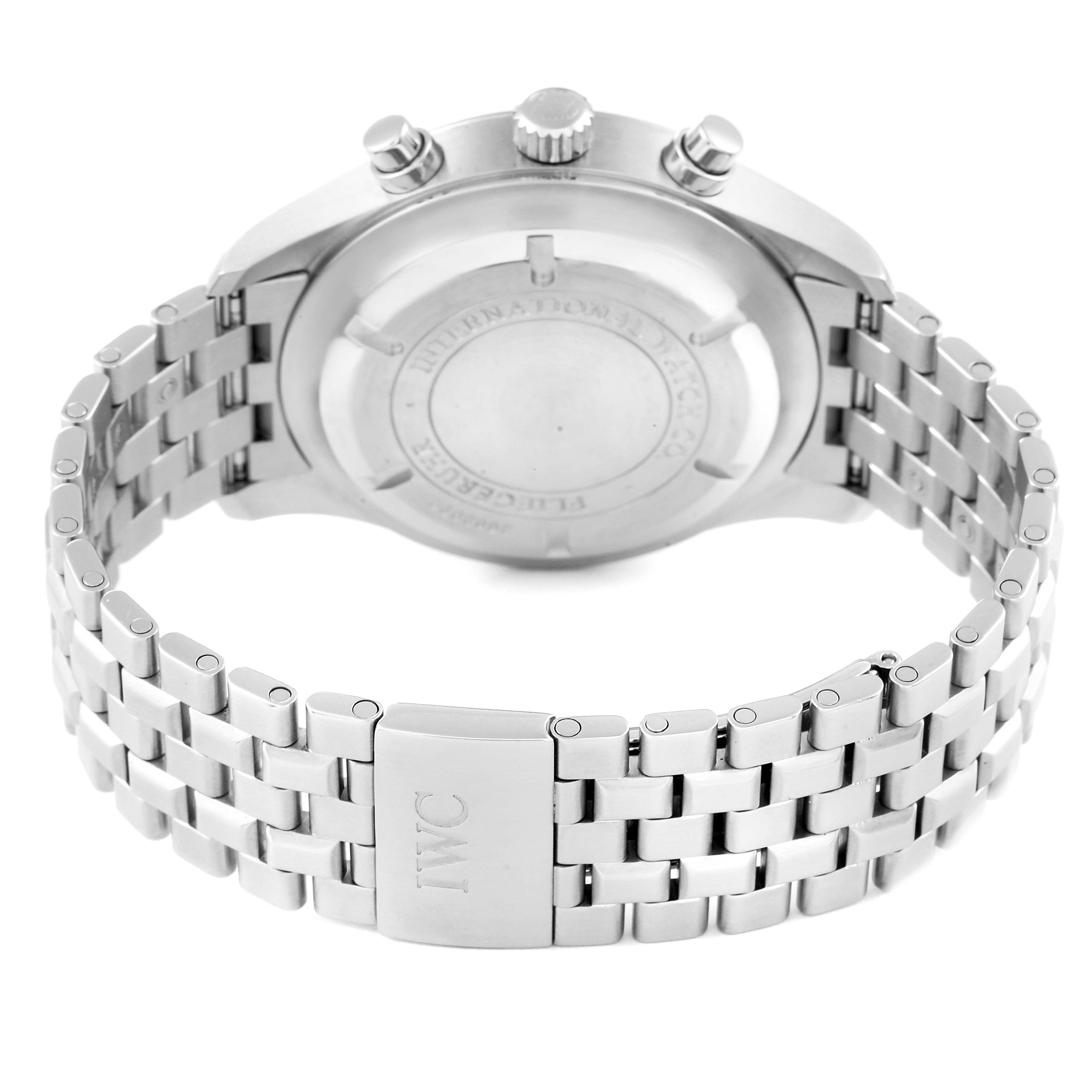 This image shows the back of the IWC Pilot IW371705 Men
s Stainless Steel Silver Dial IW371705 Men
s Stainless Steel Silver Dial model watch, focusing on the stainless steel bracelet and clasp.