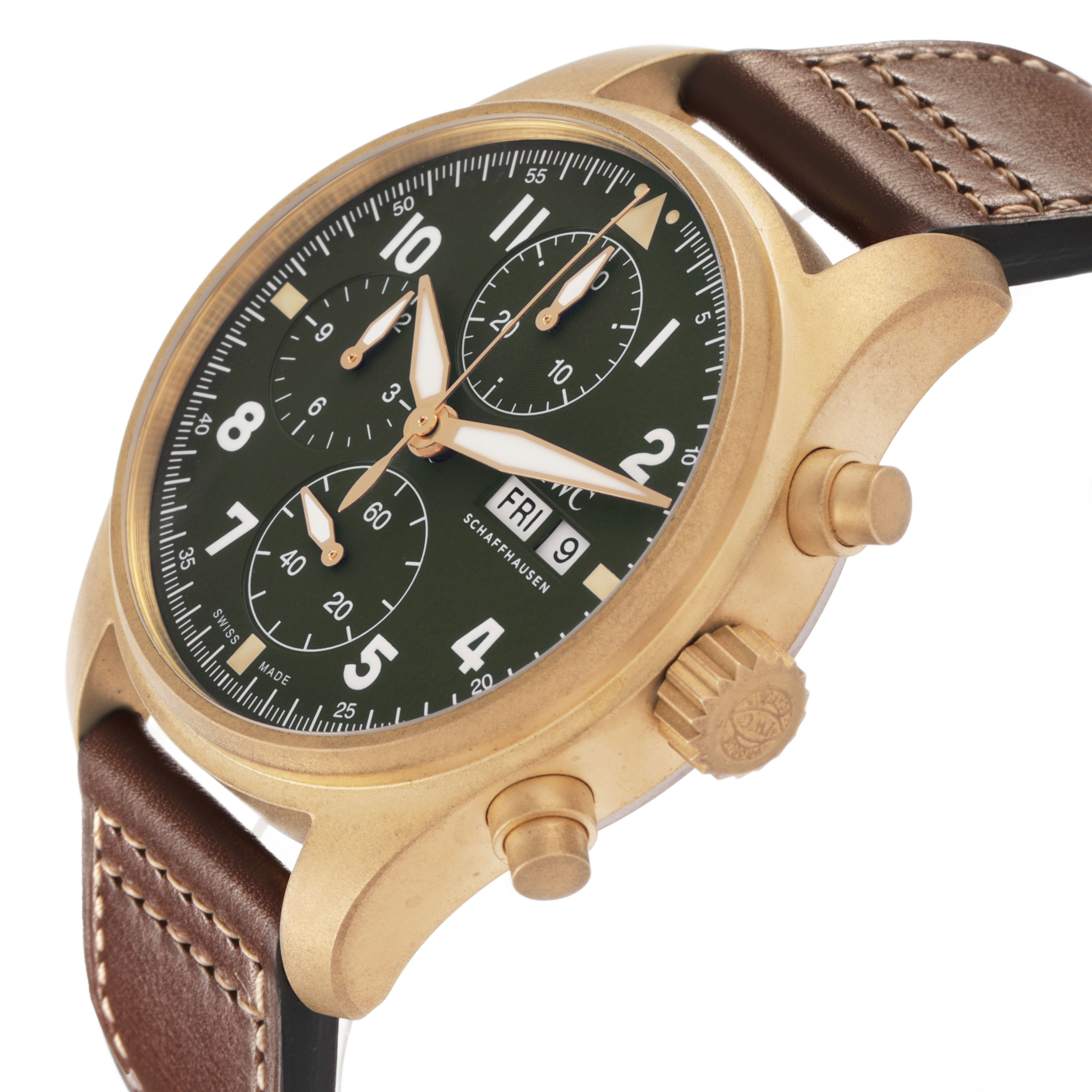The IWC Pilot IW387902 Men's Bronze Green Dial model watch is shown at a three-quarter angle, highlighting the dial, crown, and two pushers.