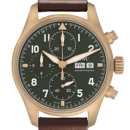 The IWC Pilot IW387902 Men's Bronze Green Dial watch is shown from a front view, highlighting the face, numerals, subdials, crown, and pushers.
