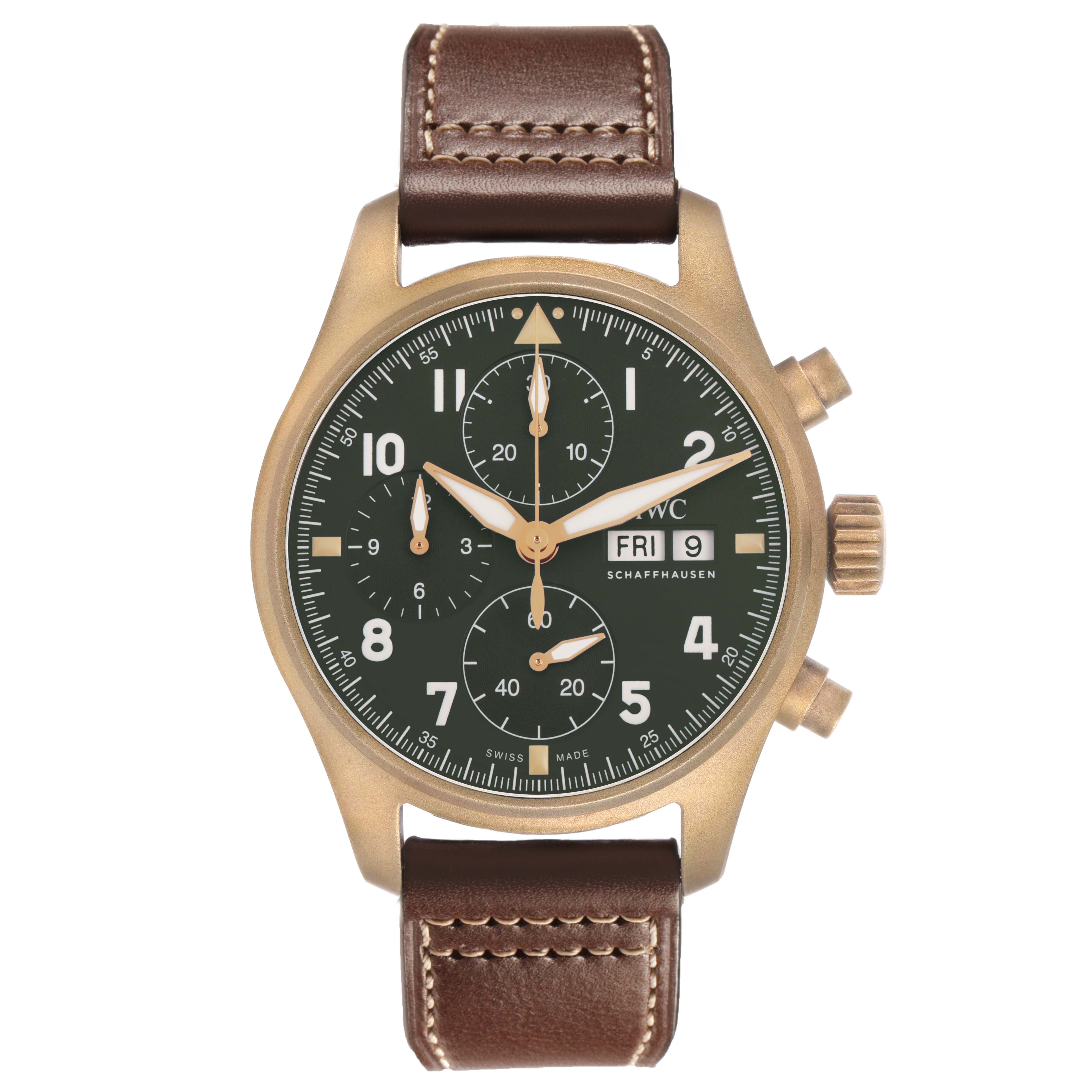 The IWC Pilot IW387902 Men's Bronze Green Dial model watch is shown from a front view, displaying the face, dials, case, crown, and leather strap.