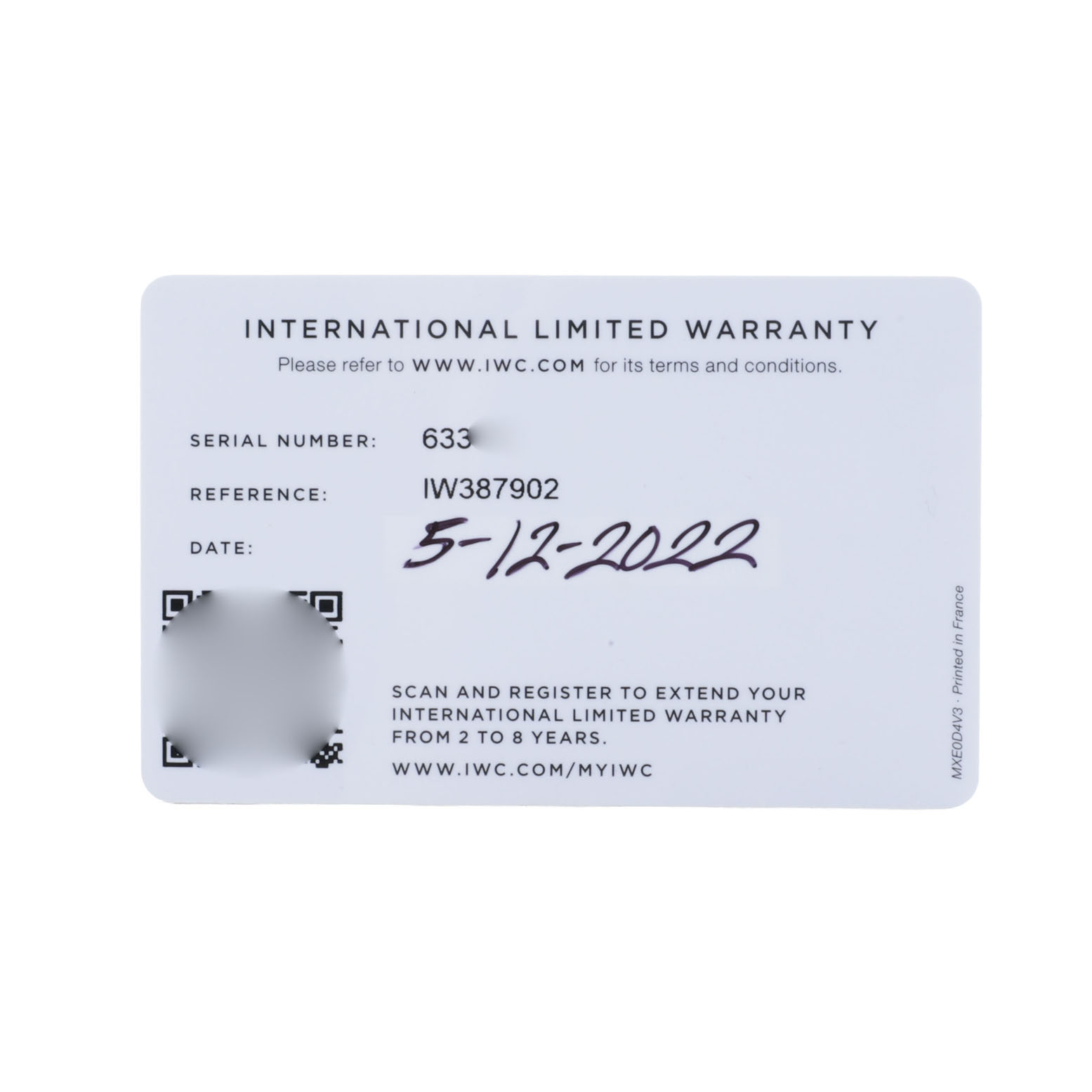 The image shows an IWC Pilot IW387902 Men's Bronze Green Dial model international limited warranty card.