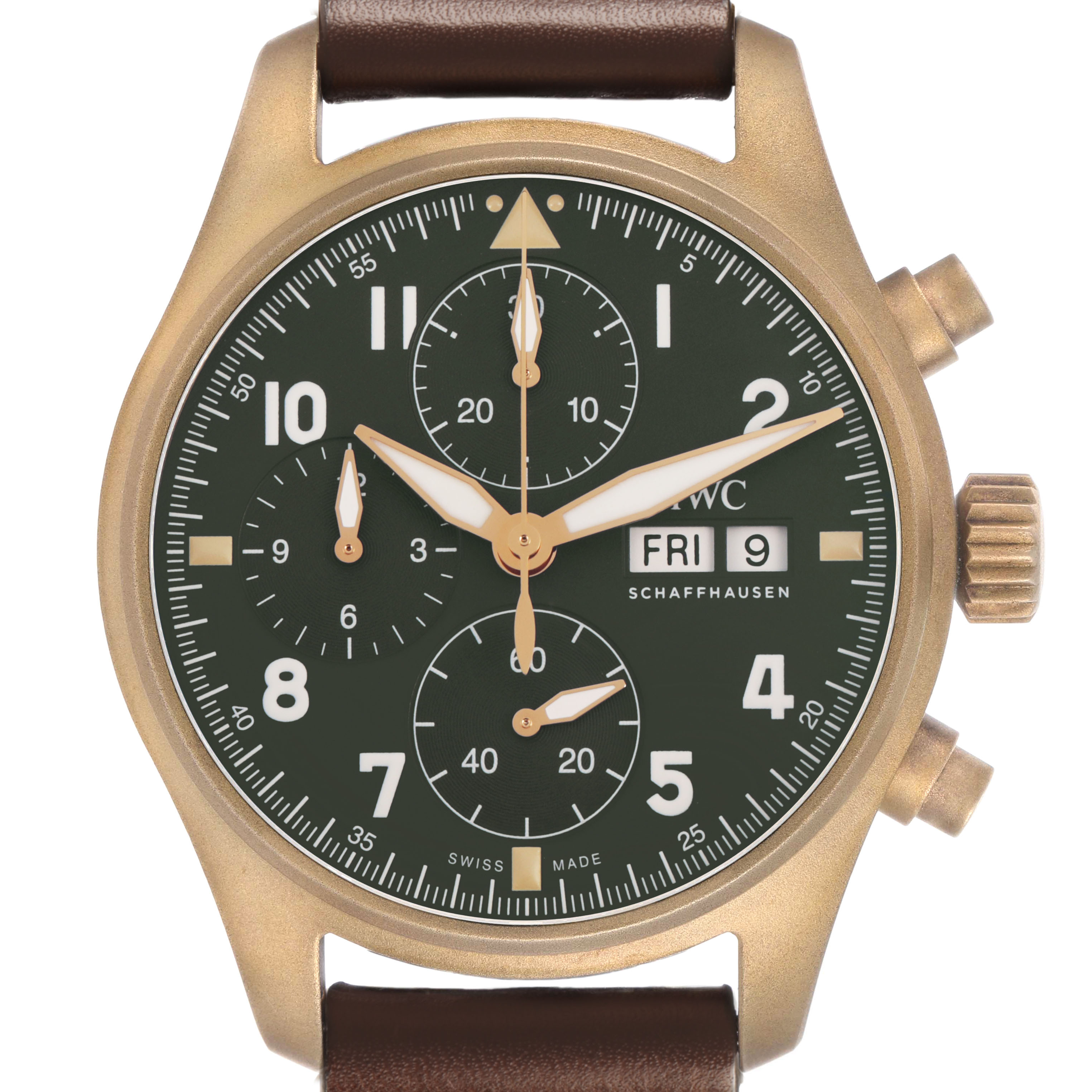 The IWC Pilot IW387902 Men's Bronze Green Dial model watch is shown from the front, displaying its dial, subdials, and crown.