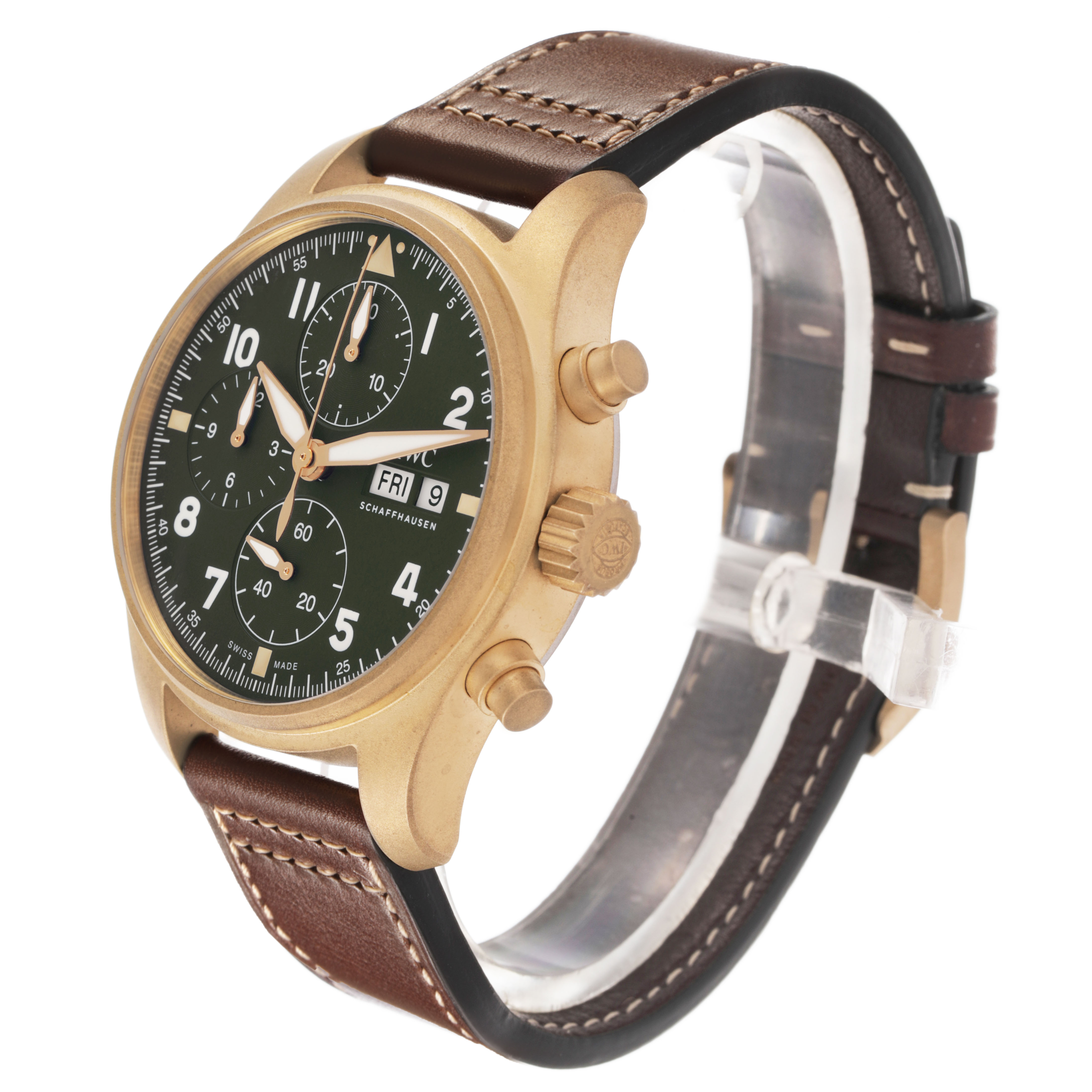 The IWC Pilot IW387902 Men's Bronze Green Dial watch is shown at a three-quarter angle, highlighting its brown leather strap, gold-tone case, and green dial with subdials.