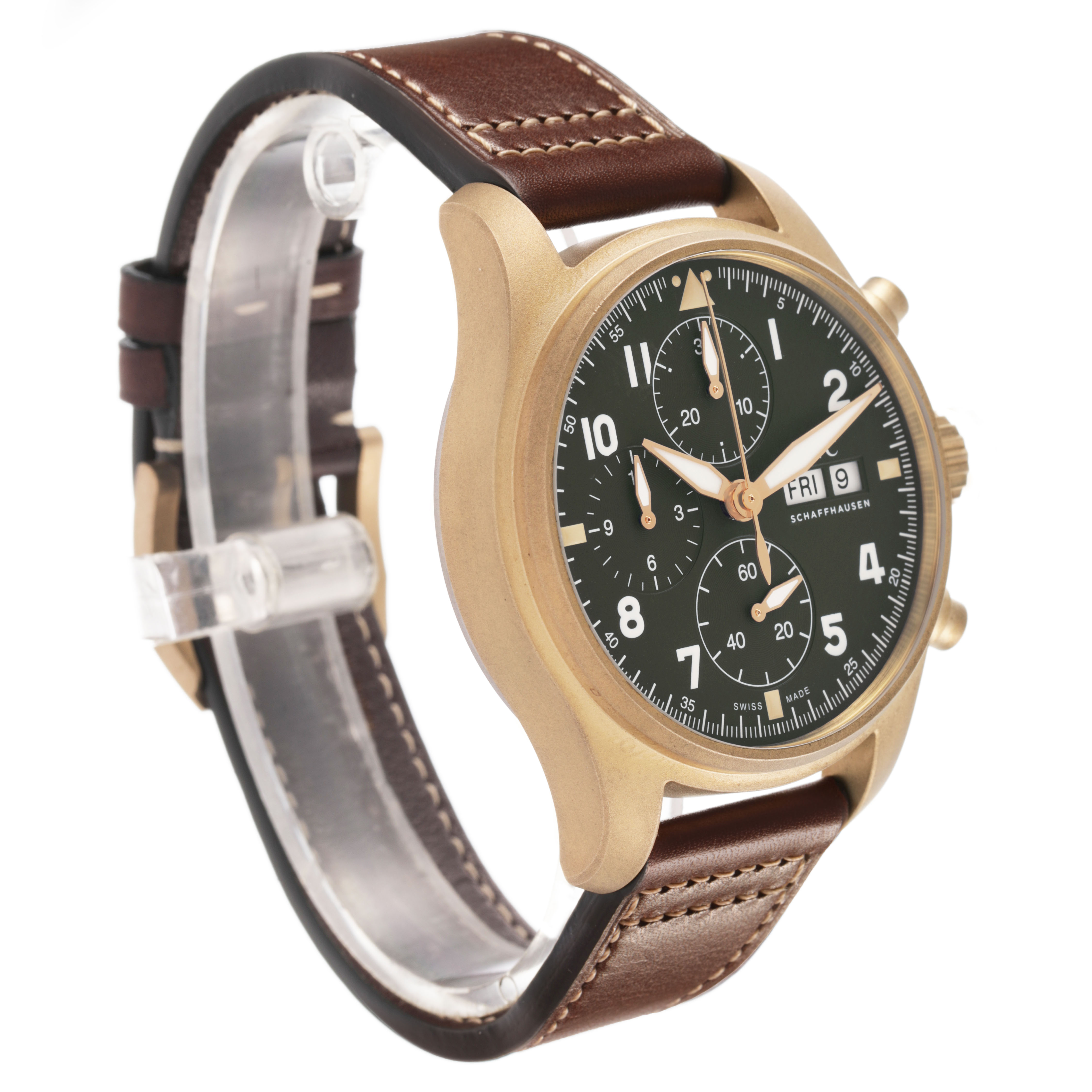 The IWC Pilot IW387902 Men's Bronze Green Dial watch is shown at a slight angle, displaying the face, bezel, crown, and leather strap.