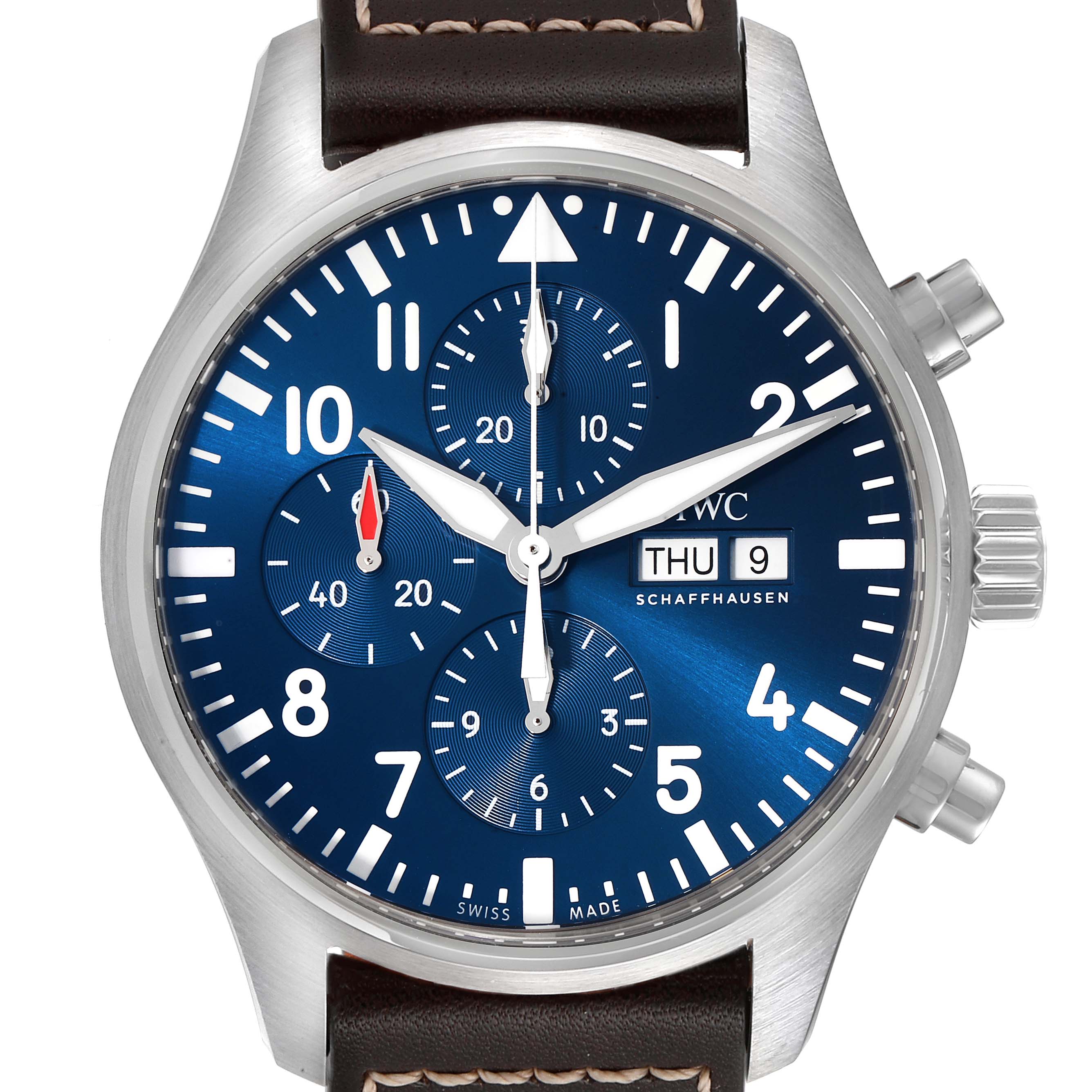 This image shows the front view of the IWC Pilot IW377714 Men's Stainless Steel Blue Dial IW377714 Men's Stainless Steel Blue Dial watch, featuring its blue dial, chronograph subdials, and leather strap.