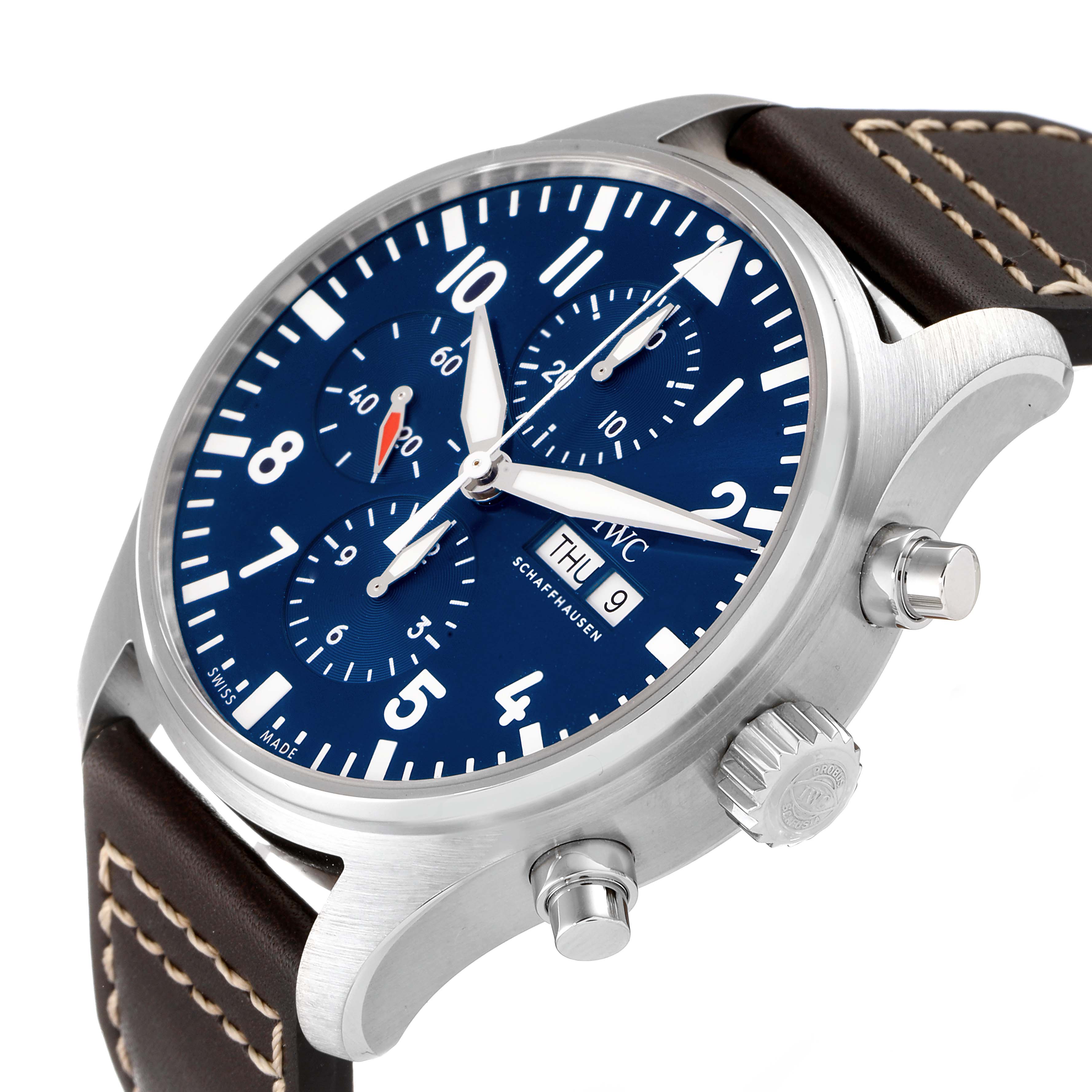 The IWC Pilot IW377714 Men's Stainless Steel Blue Dial IW377714 Men's Stainless Steel Blue Dial watch is shown at an angle displaying the dial, crown, pushers, and part of the leather strap.