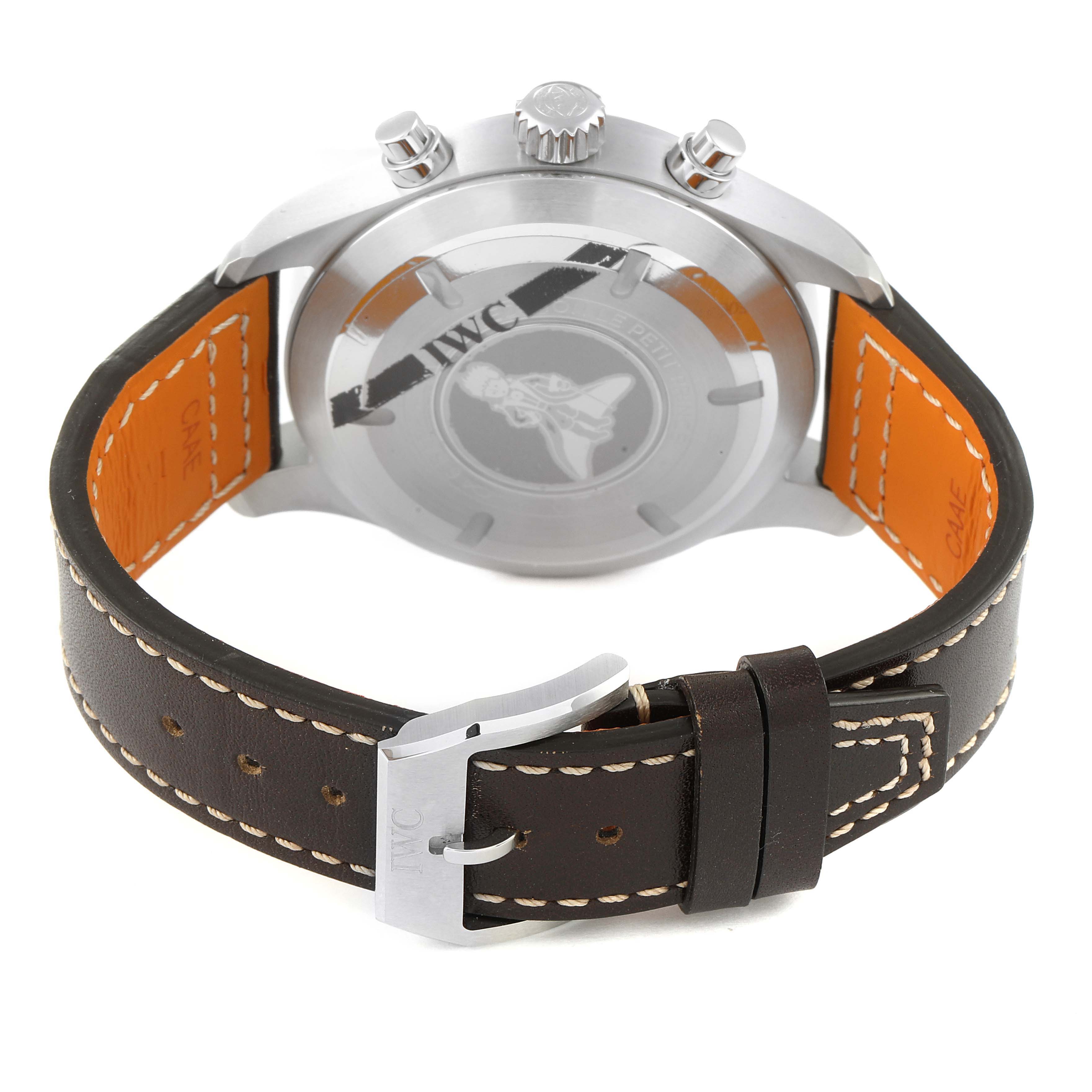 The image shows the back case and leather strap of an IWC Pilot IW377714 Men's Stainless Steel Blue Dial IW377714 Men's Stainless Steel Blue Dial model watch.