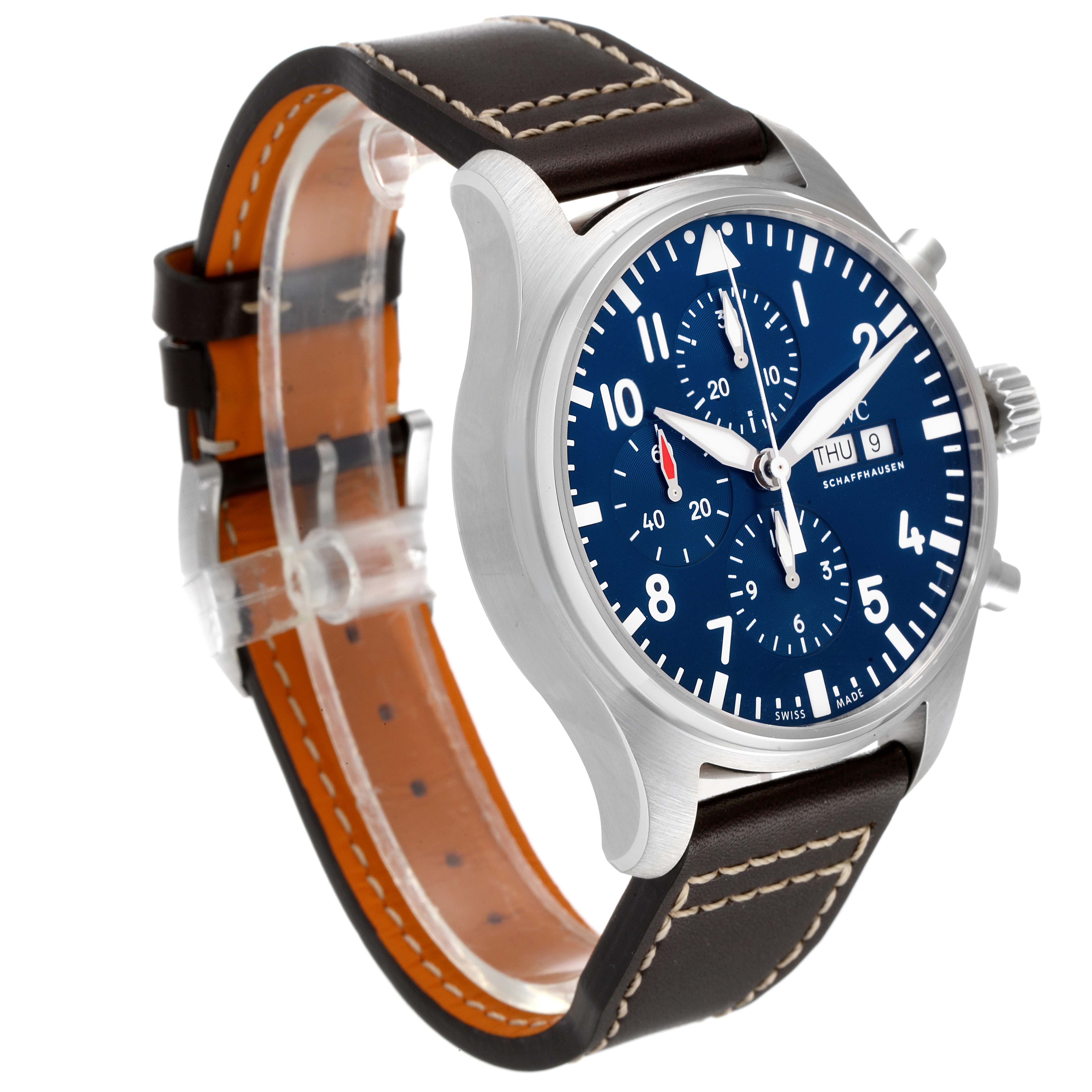 The IWC Pilot IW377714 Men's Stainless Steel Blue Dial IW377714 Men's Stainless Steel Blue Dial model watch is shown at an oblique angle, displaying its blue dial, chronographs, and leather strap.