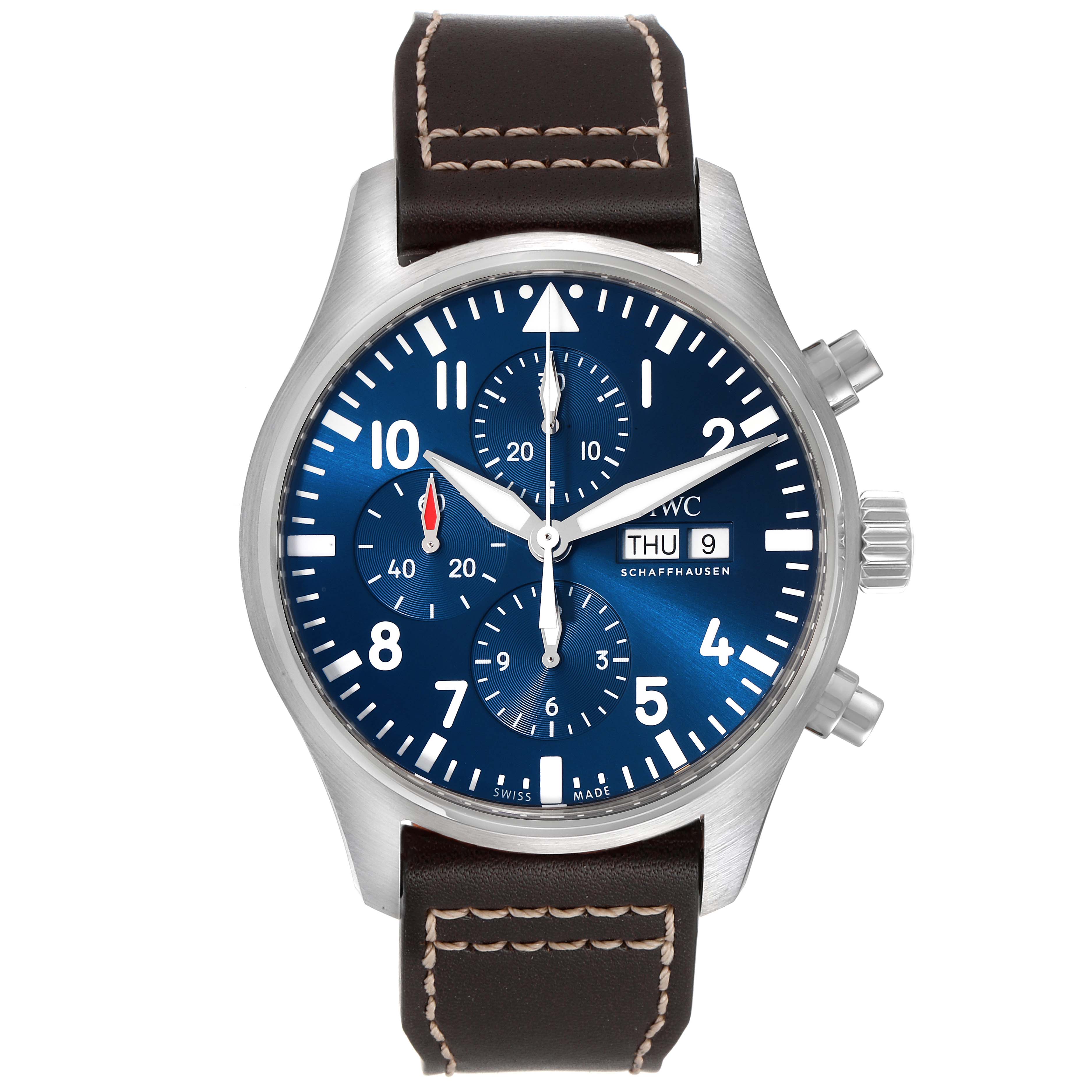 The image shows a front view of the IWC Pilot IW377714 Men's Stainless Steel Blue Dial IW377714 Men's Stainless Steel Blue Dial watch model with its dial, hands, subdials, and leather strap visible.