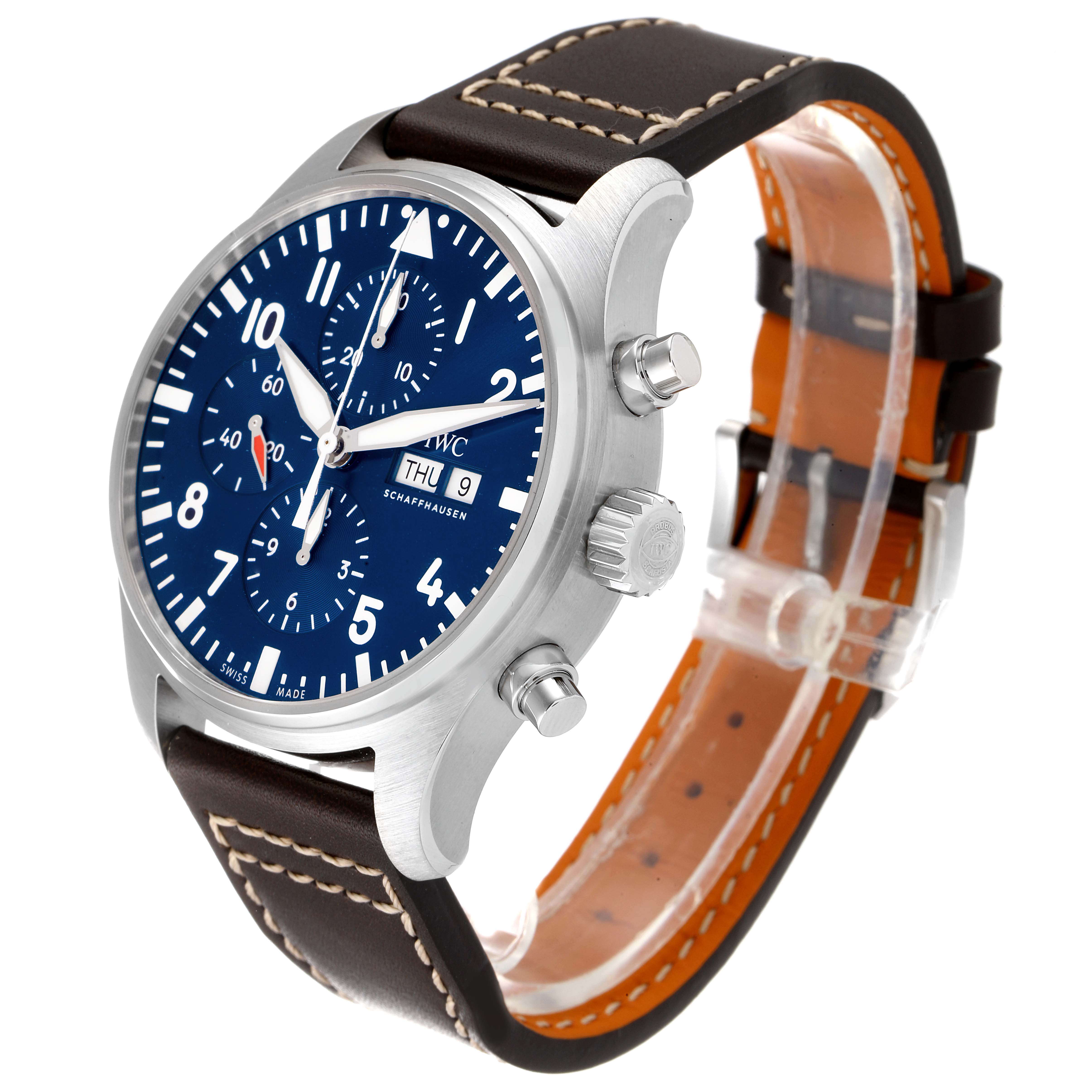 The IWC Pilot IW377714 Men's Stainless Steel Blue Dial IW377714 Men's Stainless Steel Blue Dial model watch is shown at a front-angle, highlighting the face, bezel, brown strap, and crown.