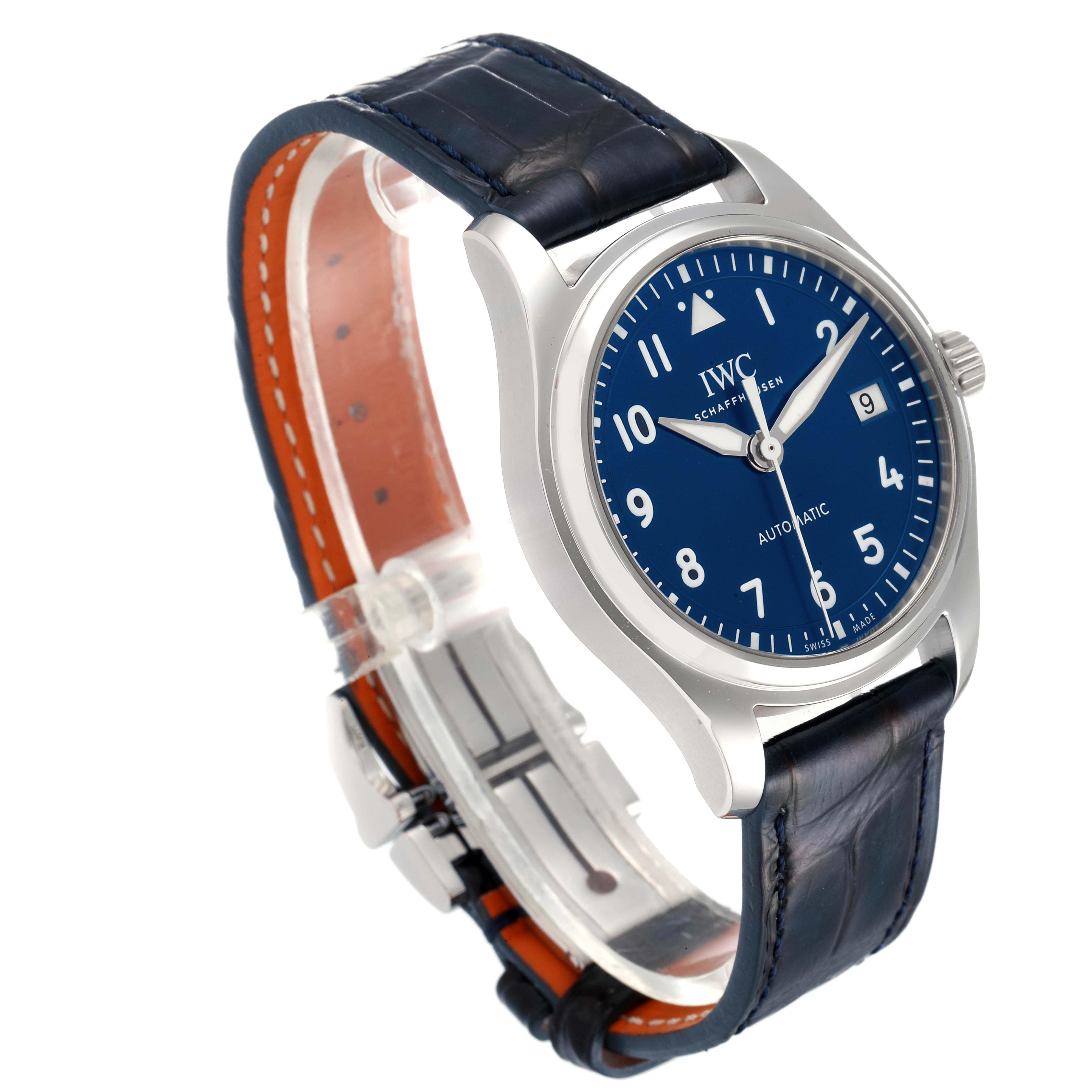 The IWC Pilot IW324008 Men's Stainless Steel Blue Dial IW324008 Men's Stainless Steel Blue Dial model watch is shown at a slight angle, highlighting the blue dial, numerals, date window, and leather strap.