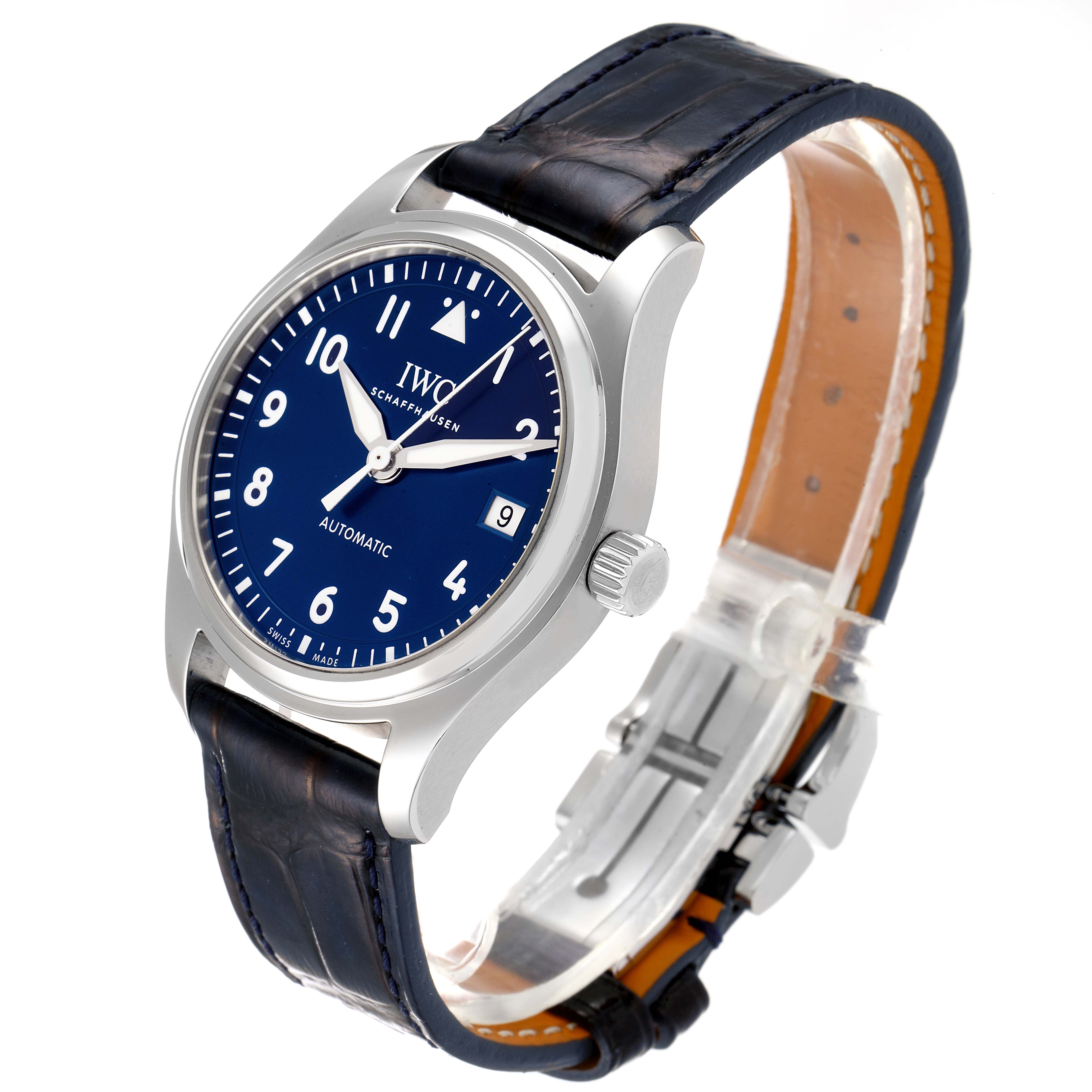 The IWC Pilot IW324008 Men's Stainless Steel Blue Dial IW324008 Men's Stainless Steel Blue Dial model watch is shown at an angled side view, highlighting the dial, case, crown, and part of the strap.