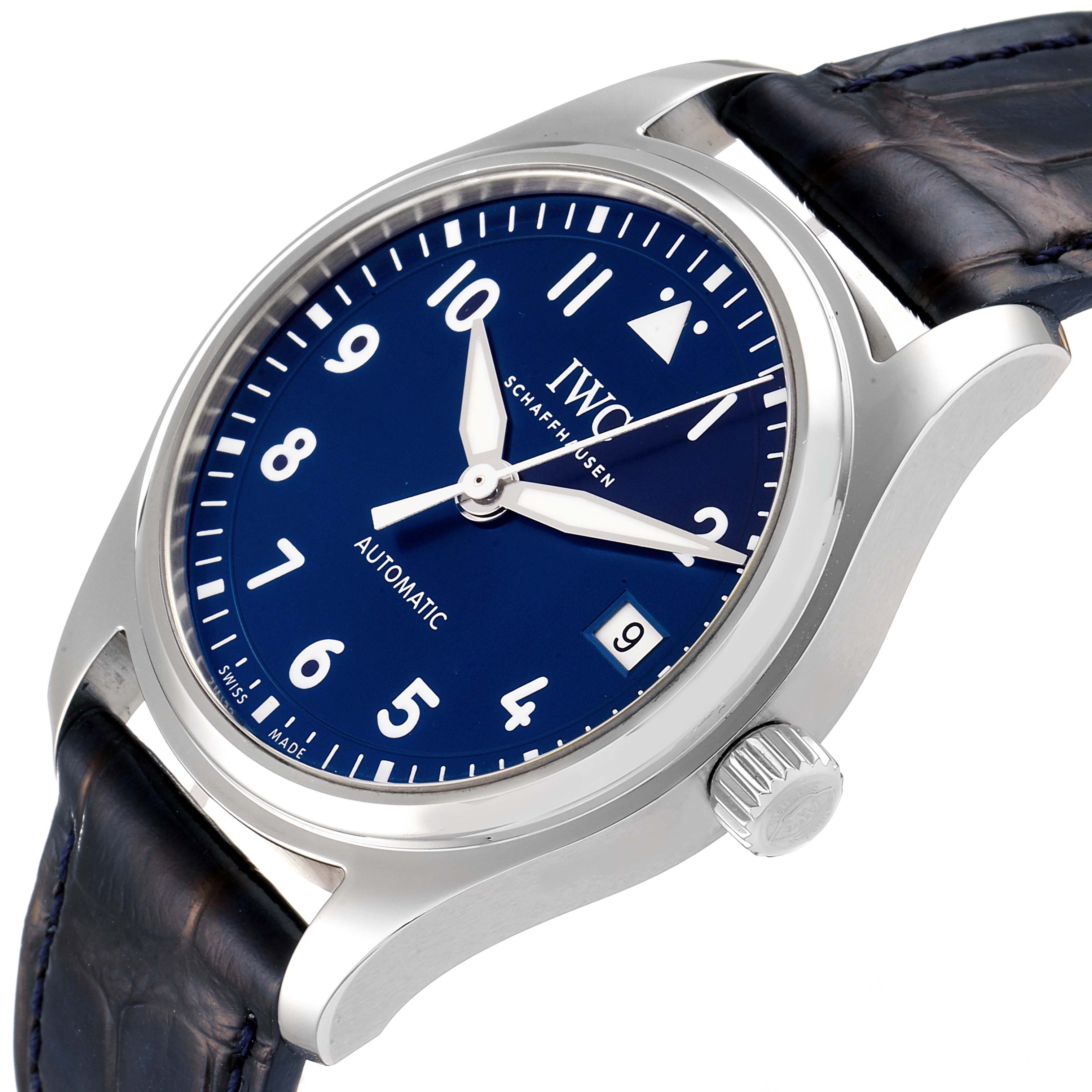 The image shows an angled view of the IWC Pilot IW324008 Men's Stainless Steel Blue Dial IW324008 Men's Stainless Steel Blue Dial watch, highlighting the dial, crown, and leather strap.